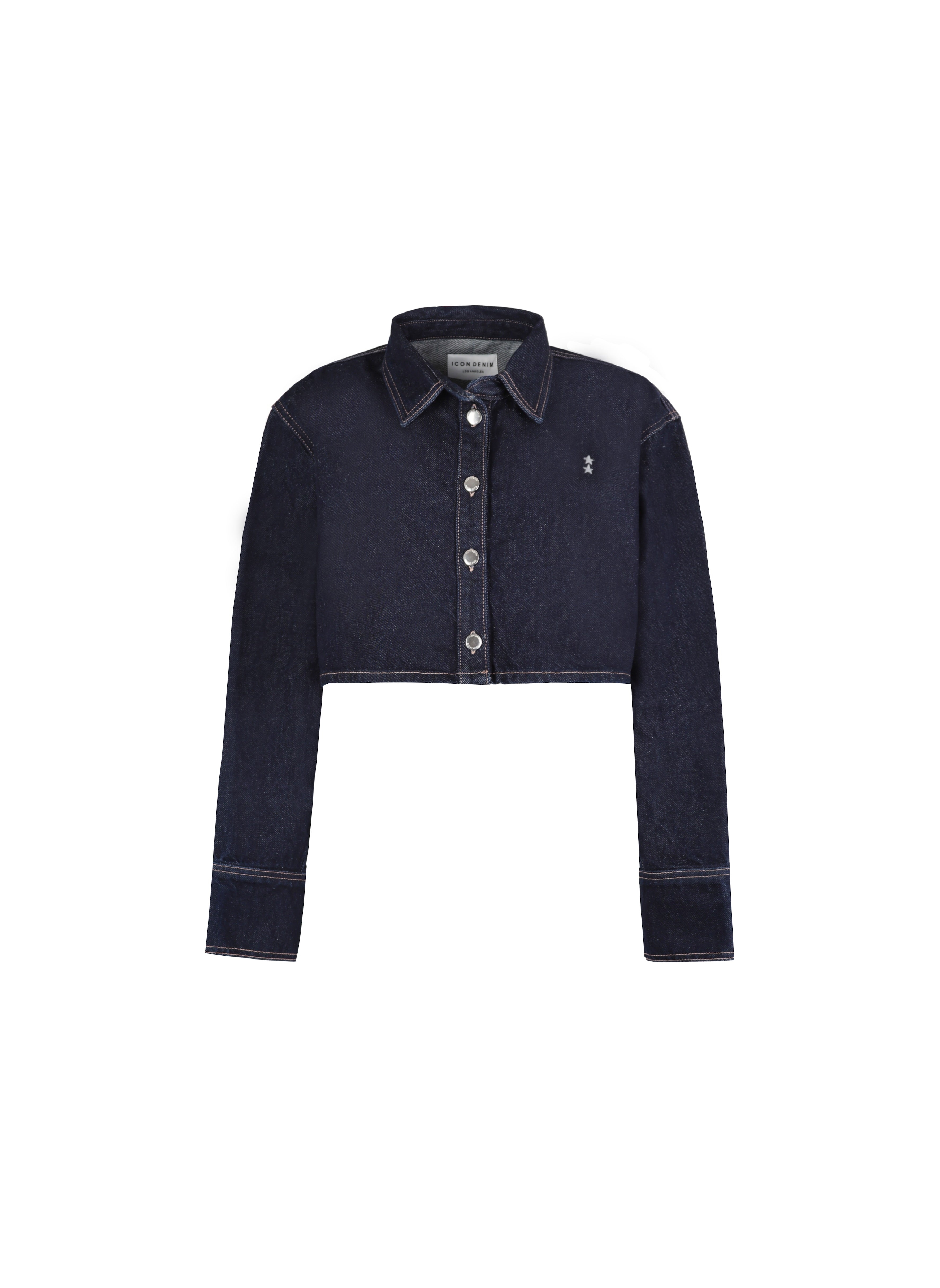 Still life of Amber women’s denim shirt in indigo raw, 100% rigid cotton denim.