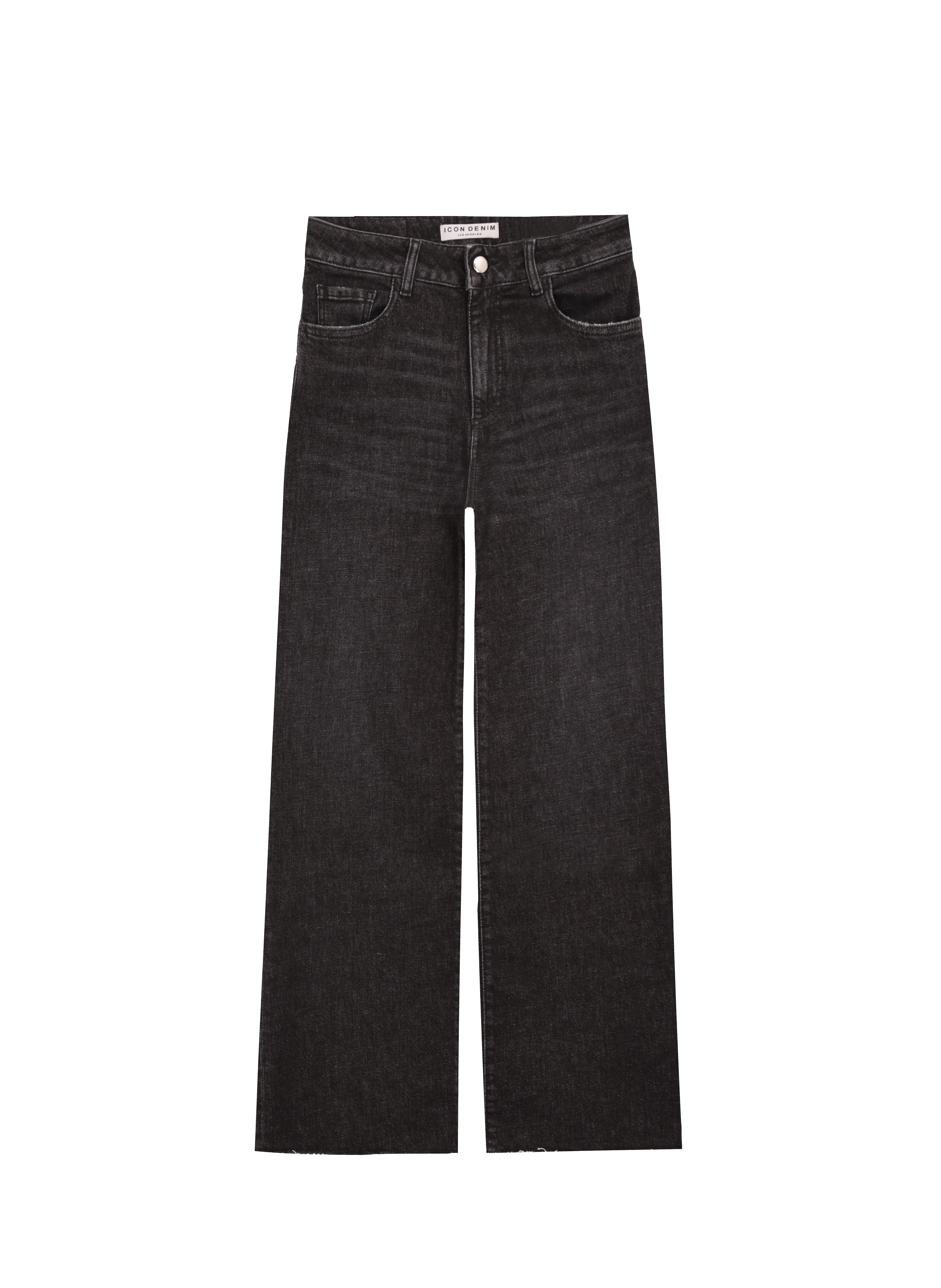 Still life of Angie women’s flared crop jeans in graphite black wash, 99% cotton denim and 1% Elastan fibers.