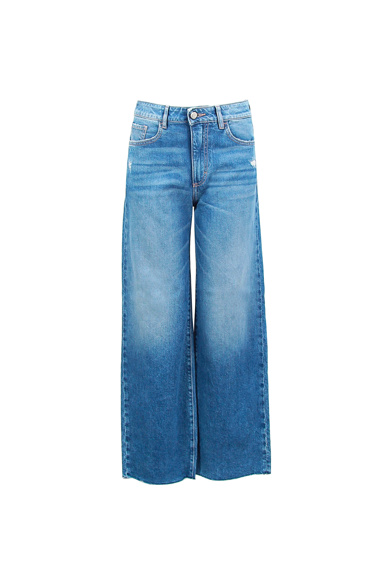Still life of Angie women’s flared crop jeans in medium wash 100% cotton denim.