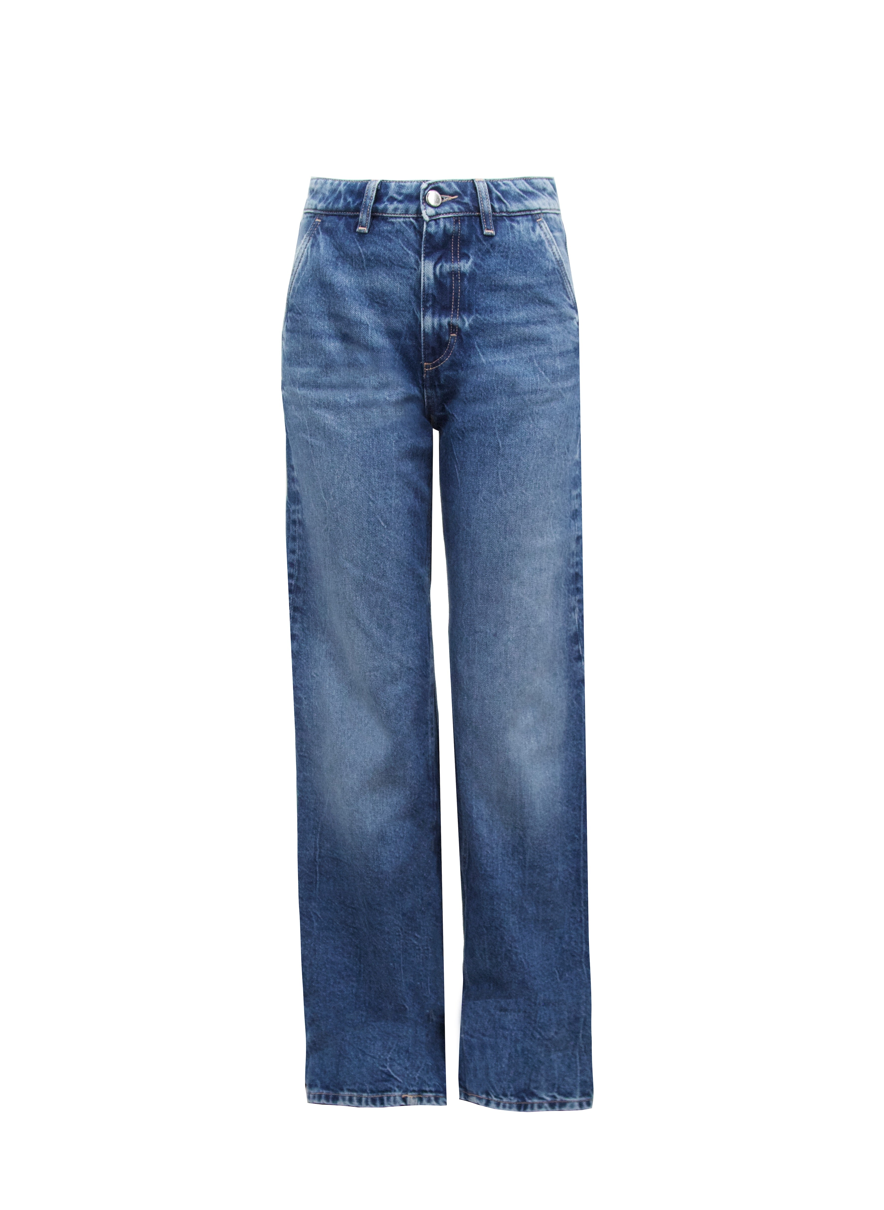 Still life of Annie women’s straight leg jeans in eclipse wash, 100% rigid cotton denim.