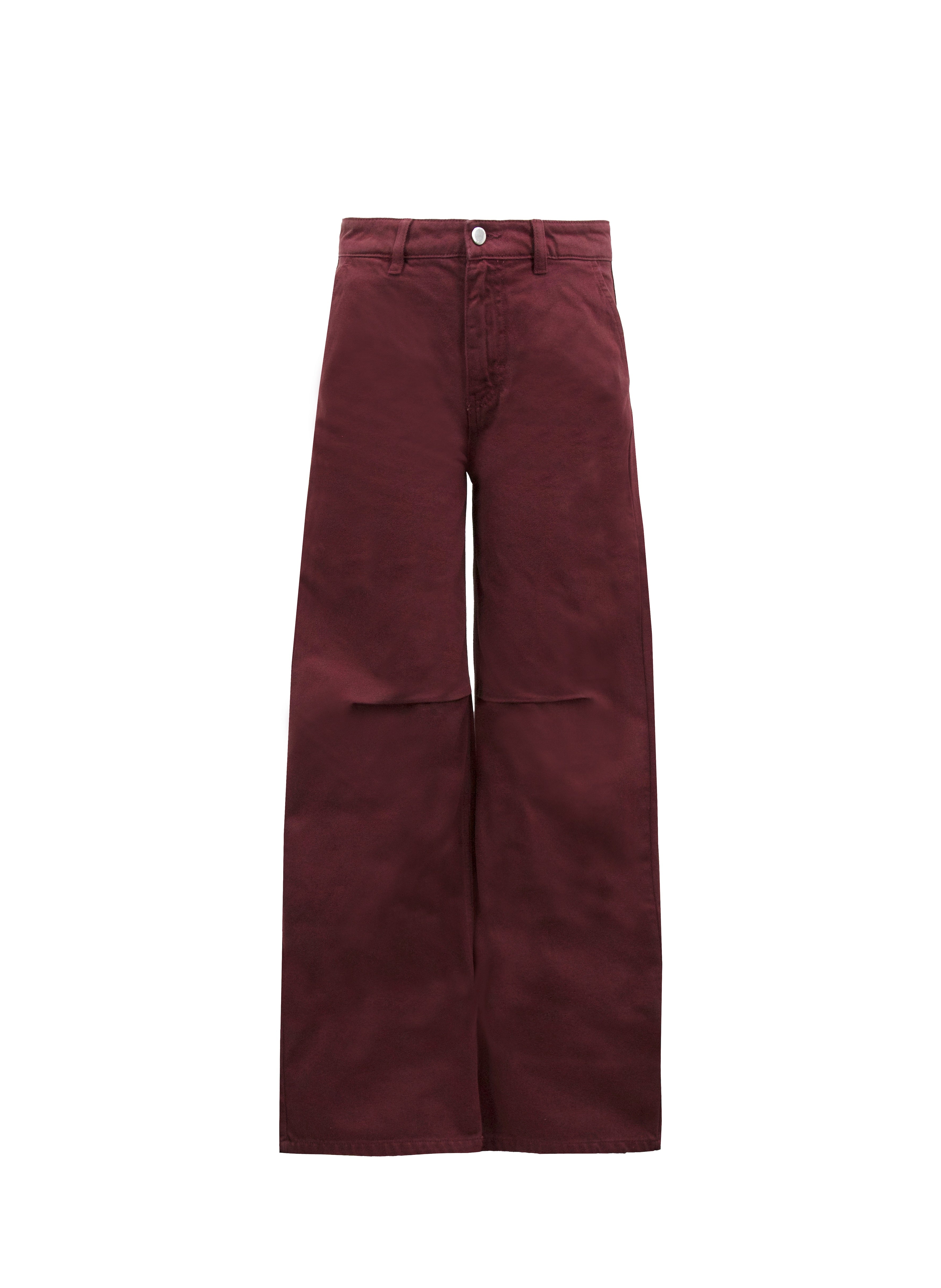 Still life of Ava women’s wide leg jeans in cherry wash, 100% rigid cotton denim.