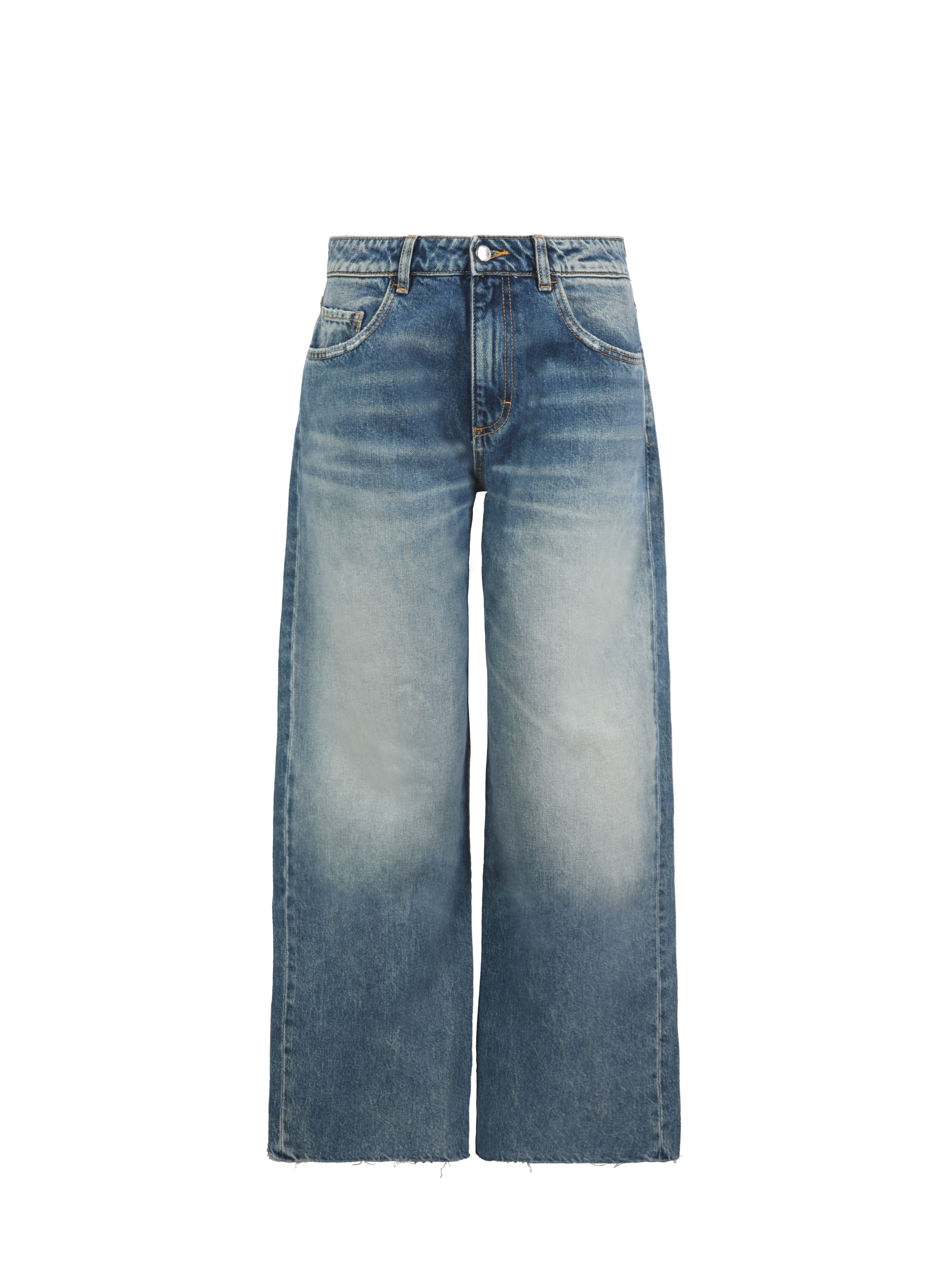 Still life of Bea women’s wide leg jeans in aged stone wash, 100% rigid cotton denim.