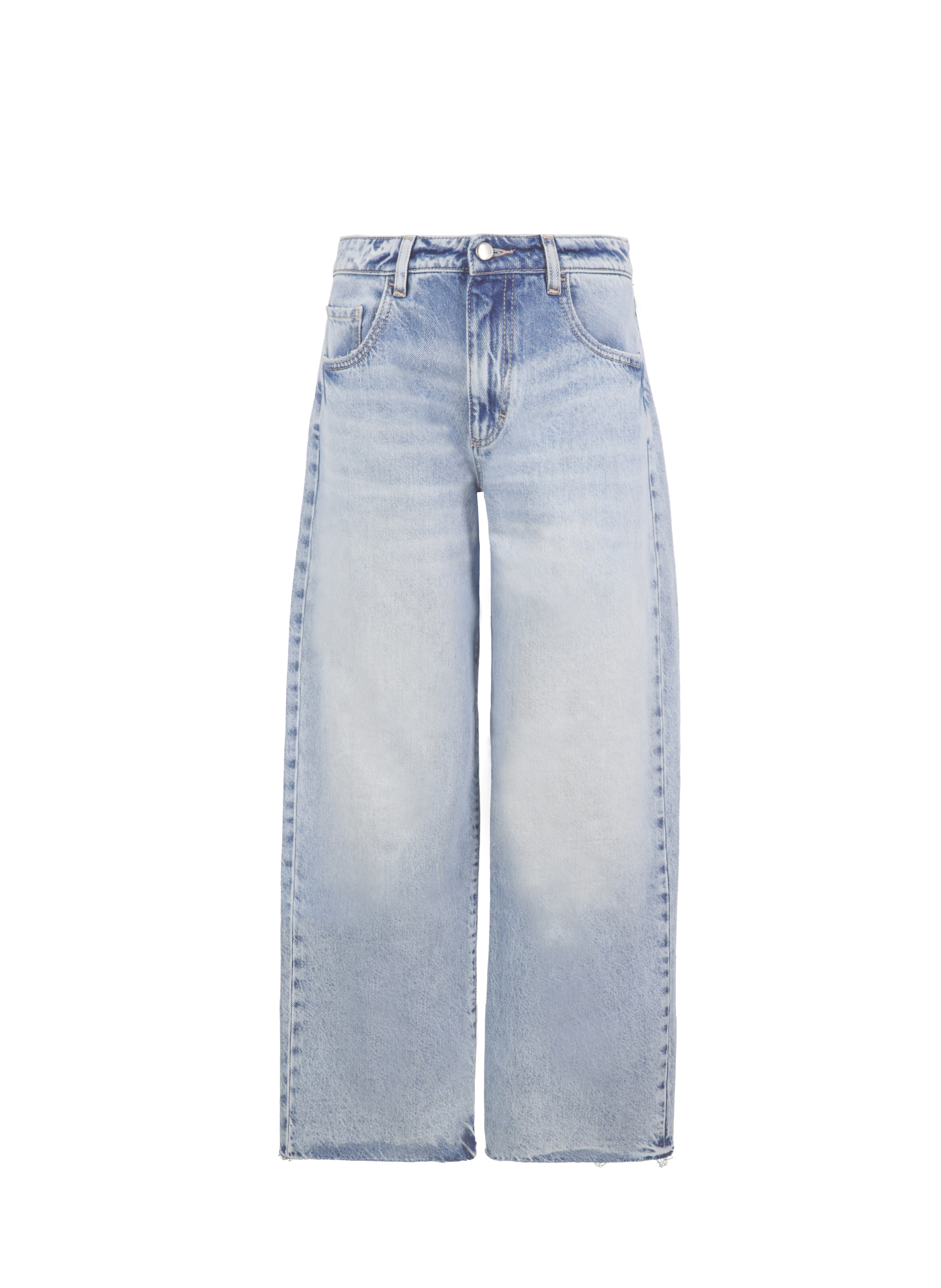Still life of Bea women’s wide leg jeans in bleached wash, 100% rigid cotton denim.