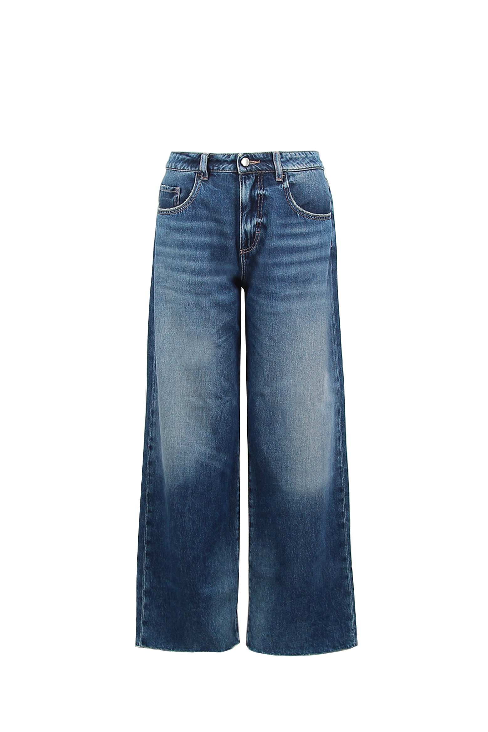 Still life of Bea women’s wide leg jeans in dark wash, 100% rigid cotton denim.