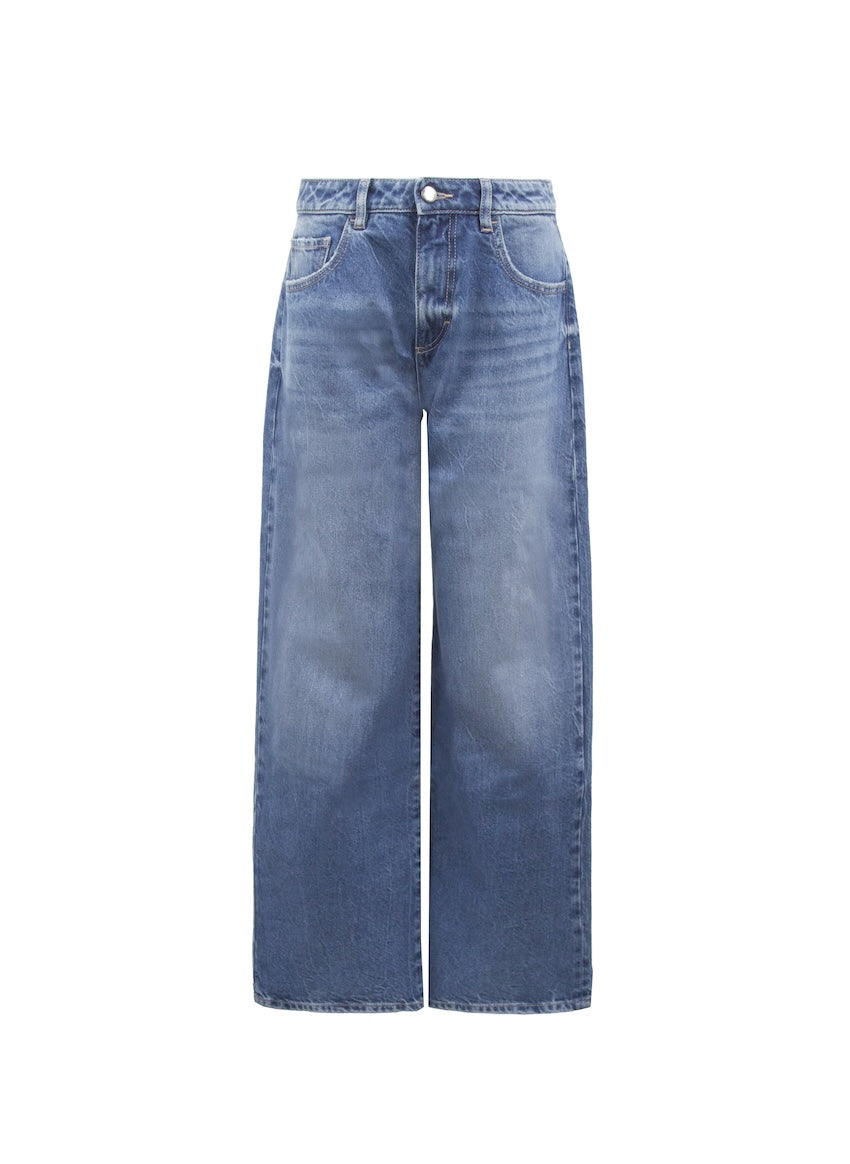 Still life of Bea women’s wide leg jeans in eclipse wash, 100% rigid cotton denim.