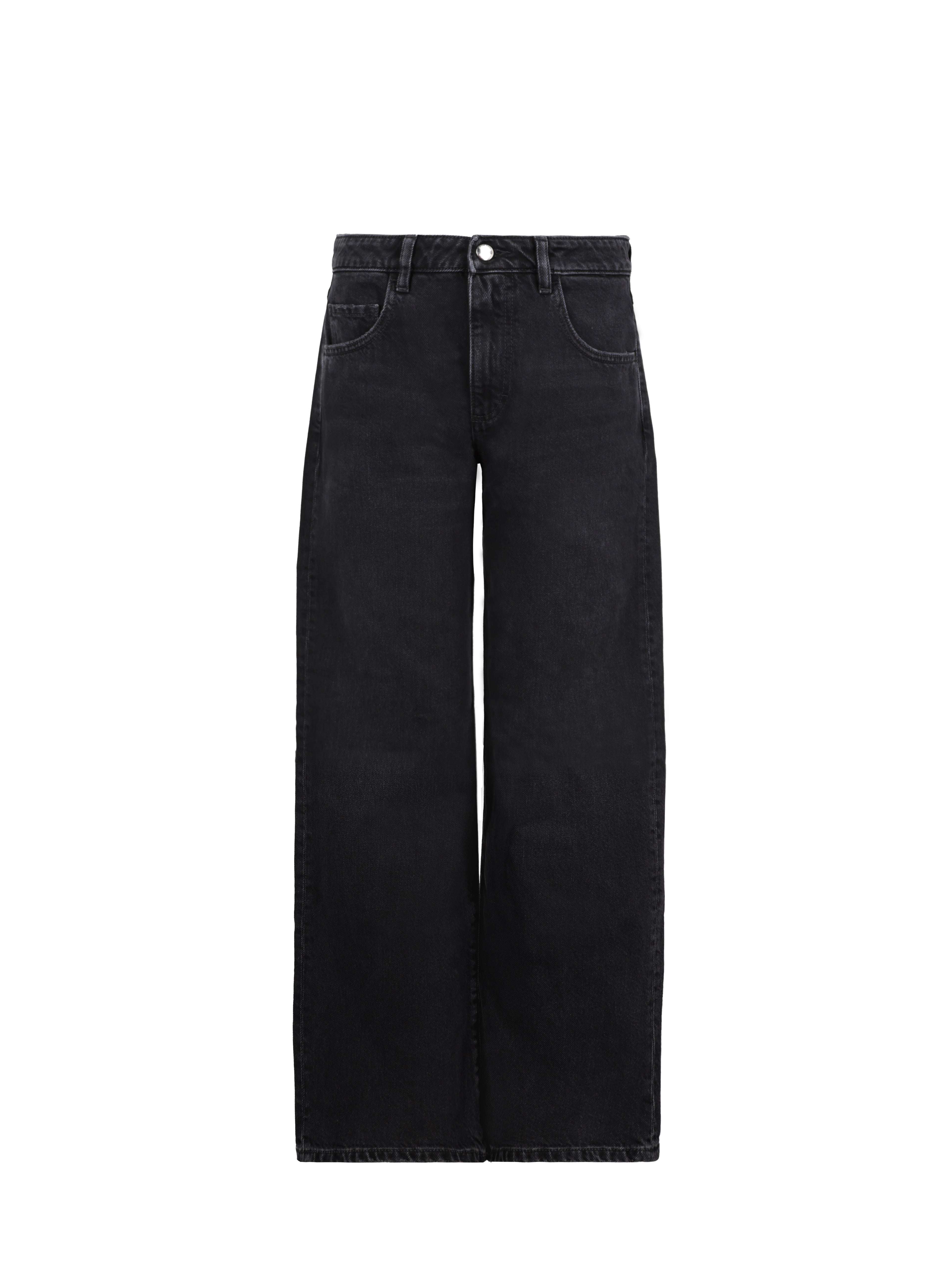 Still life of Bea women’s wide leg jeans in graphite black wash, 100% rigid cotton denim.