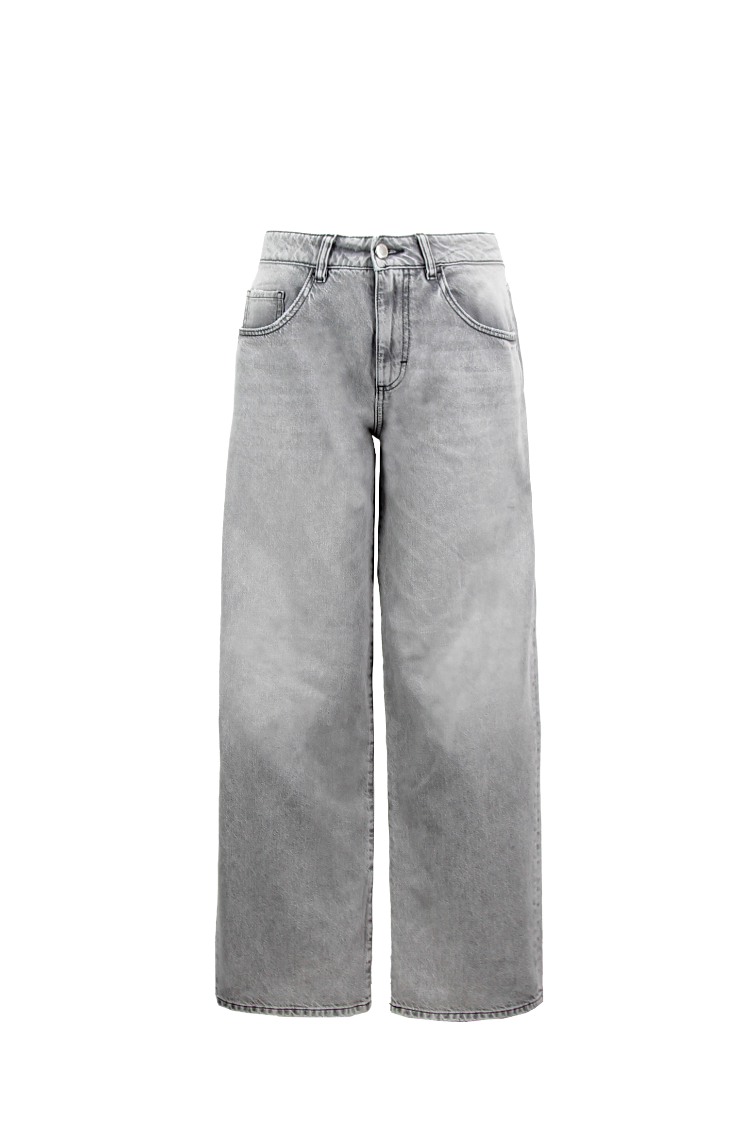 Still life of Bea women’s wide leg jeans in gray wash, 100% rigid cotton denim.