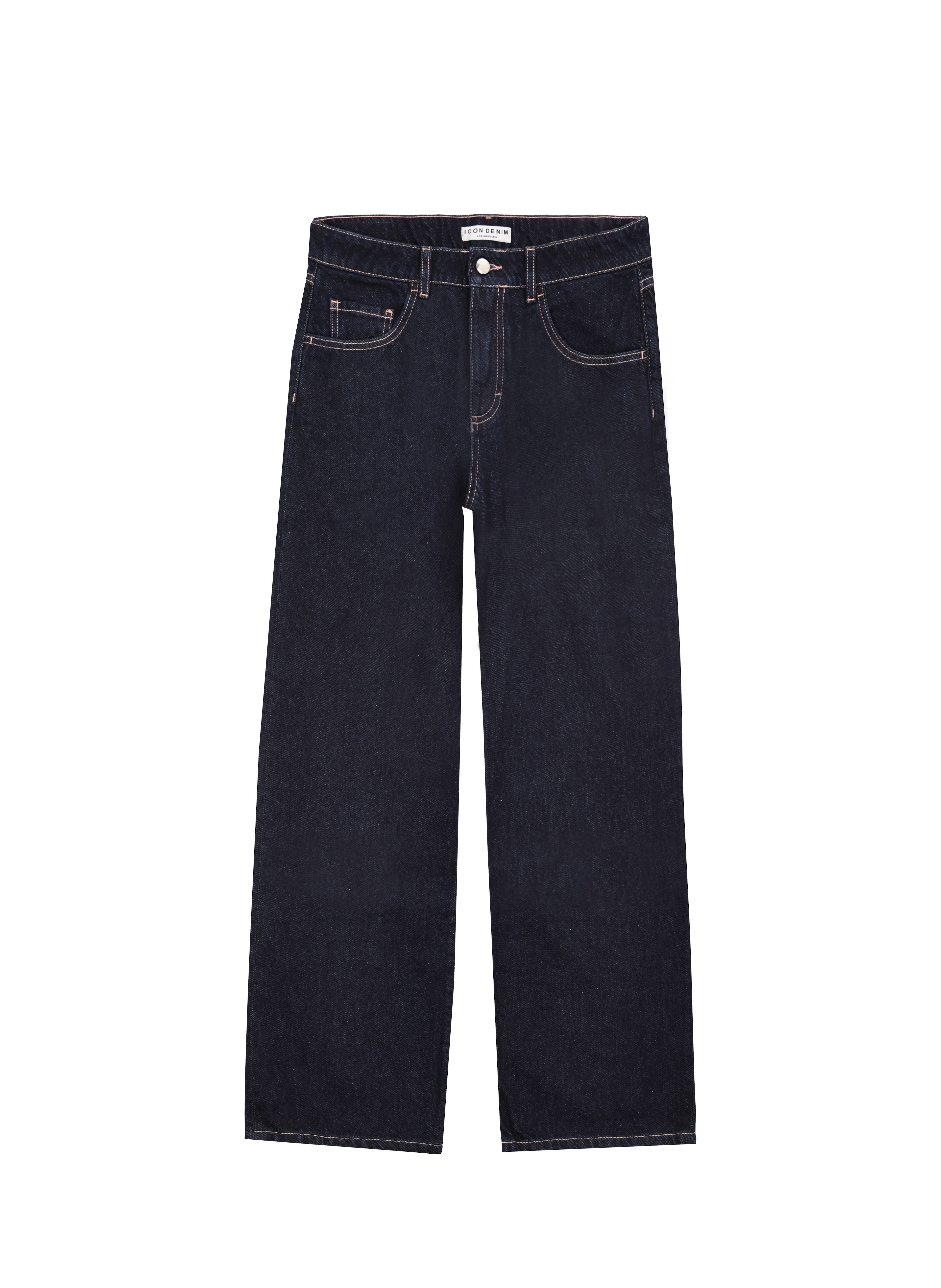 Still life of Bea women’s wide leg jeans in indigo raw wash, 100% rigid cotton denim.