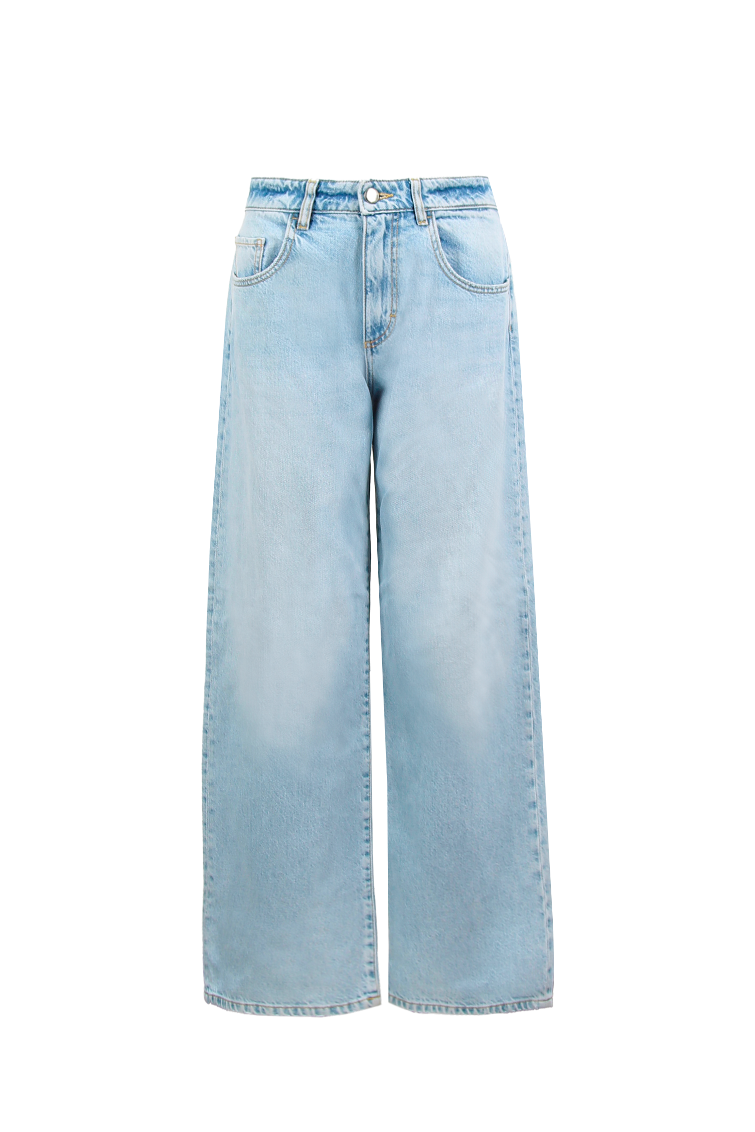 Still life of Bea women’s wide leg jeans in light wash, 100% rigid cotton denim.