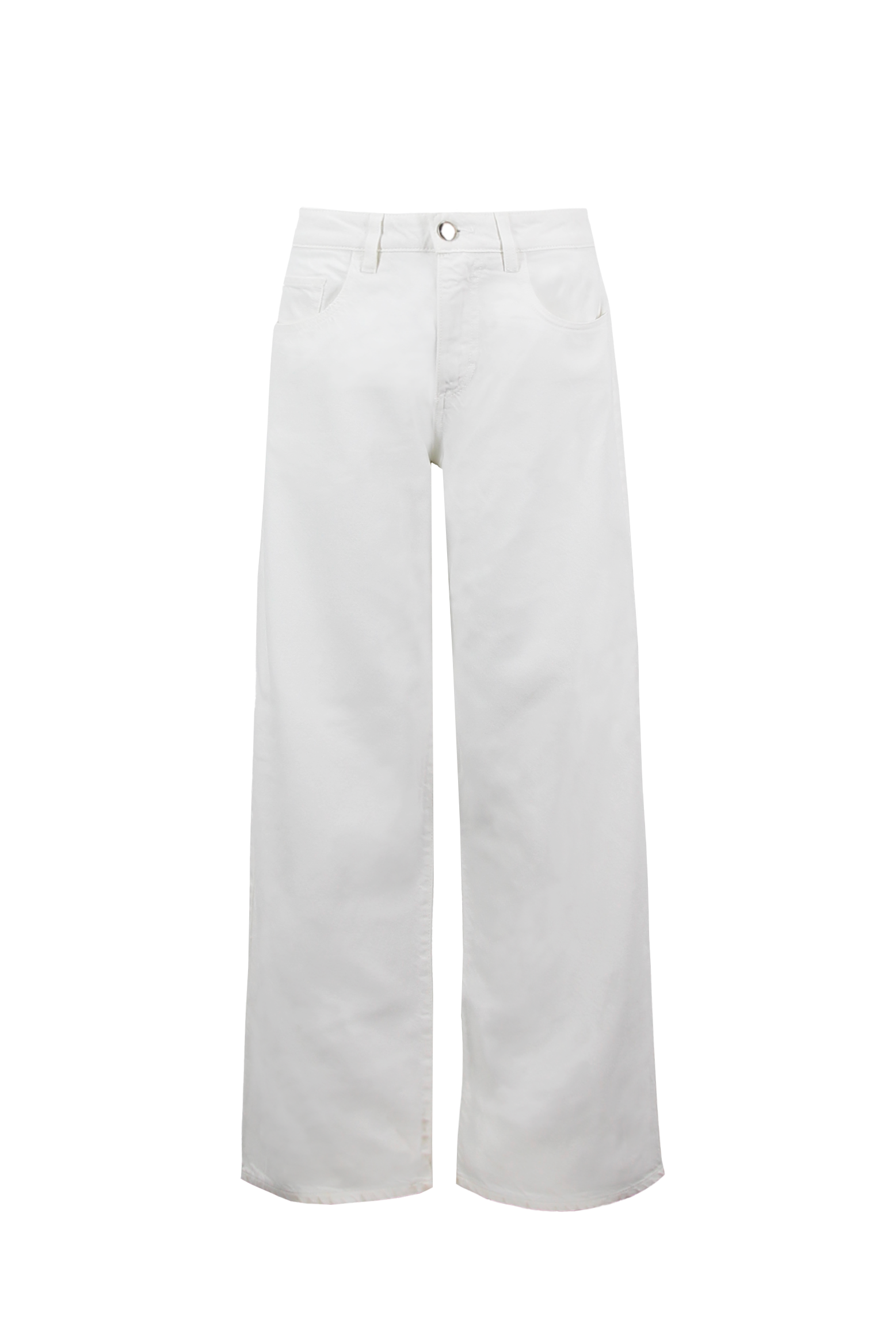 Still life of Annie women’s wide leg jeans in white, 100% soft rigid cotton denim.