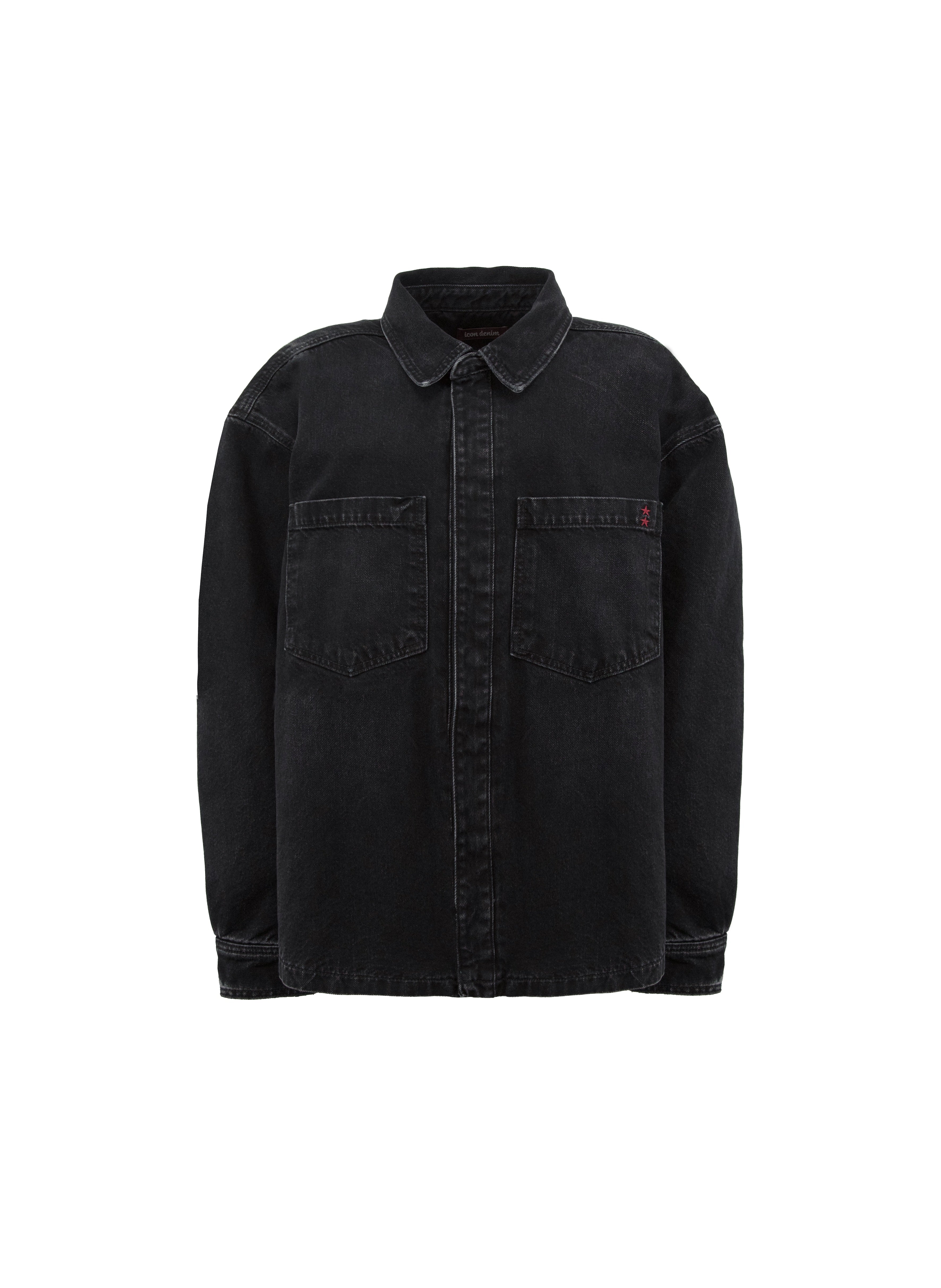 Still life of Billy men’s oversize shirt in graphite black wash, 100% rigid cotton denim.