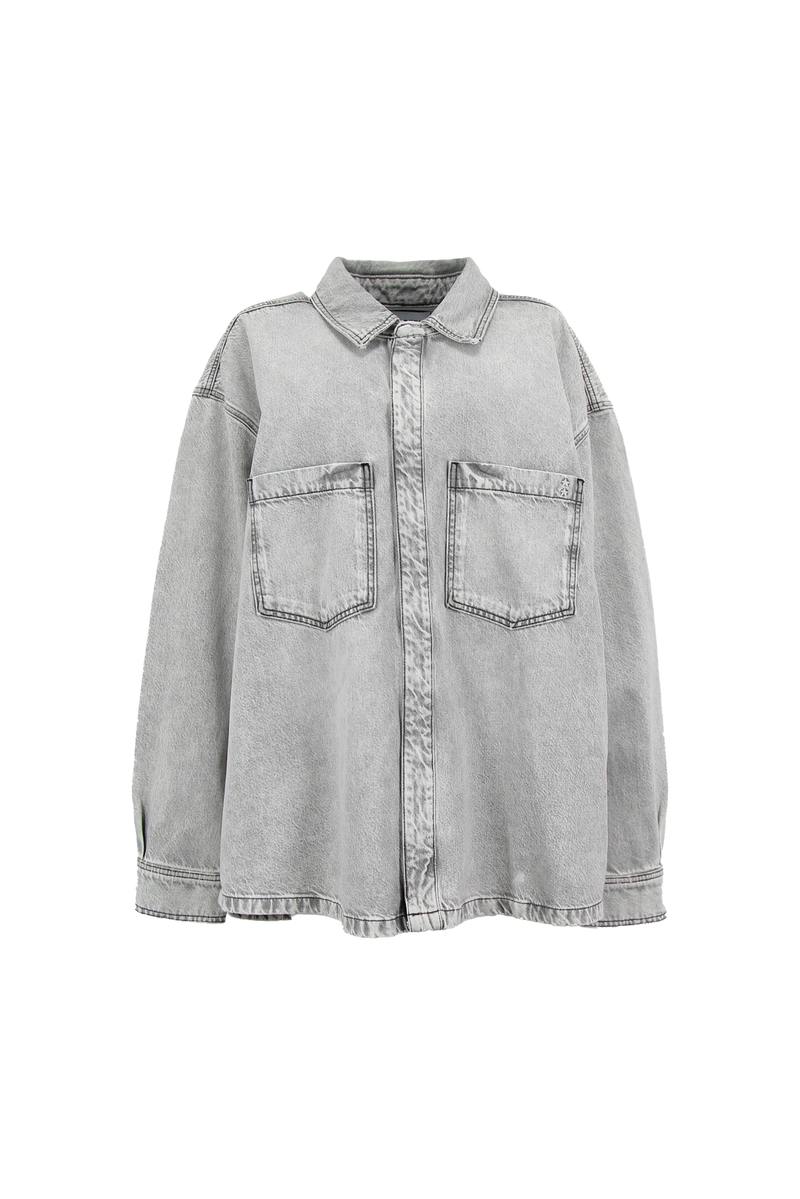 Still life of Billy men’s oversize shirt in gray wash, 100% rigid cotton denim.