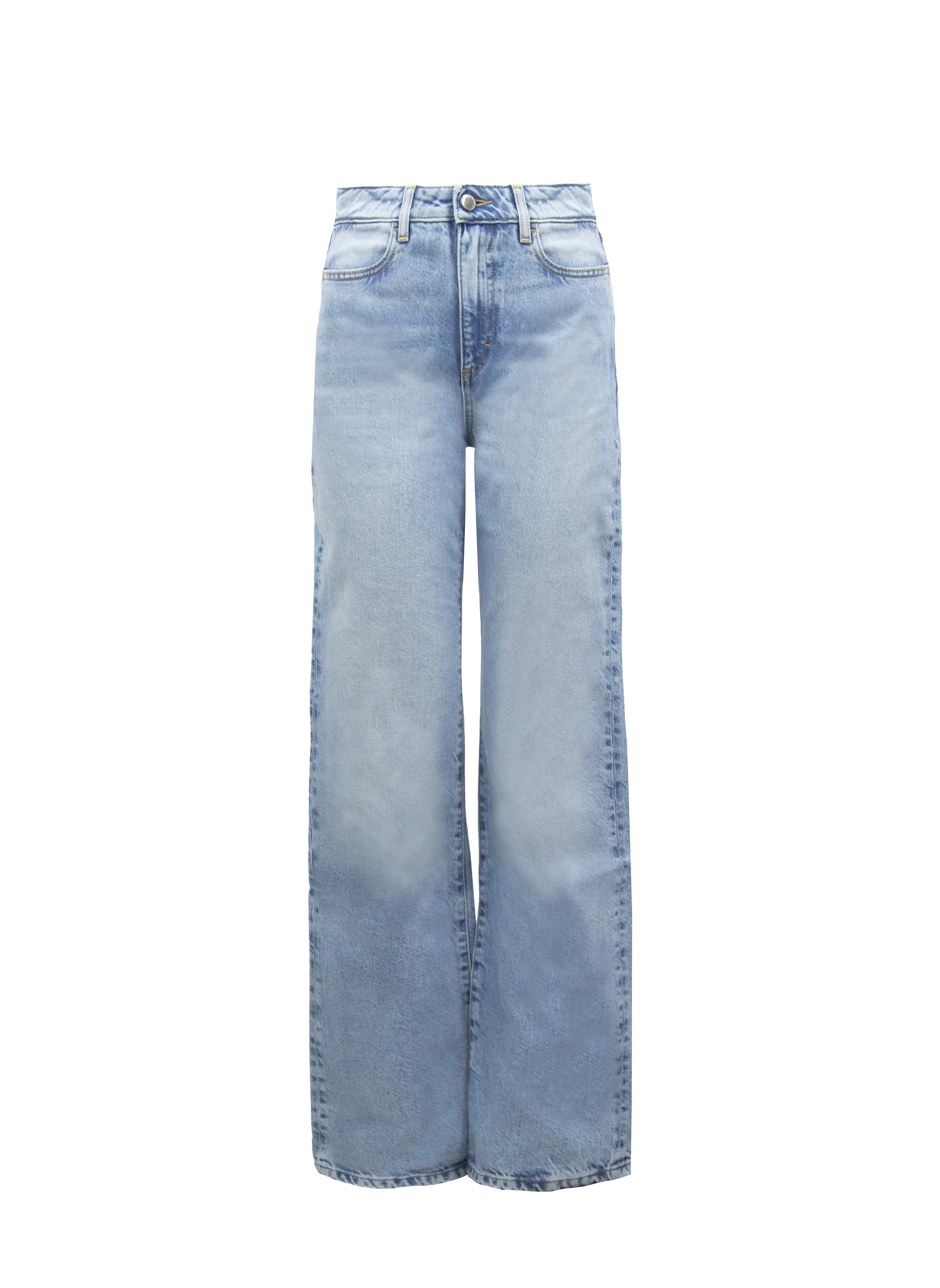 Still life of Blue women’s flared leg jeans in bleached wash, 100% rigid cotton denim.