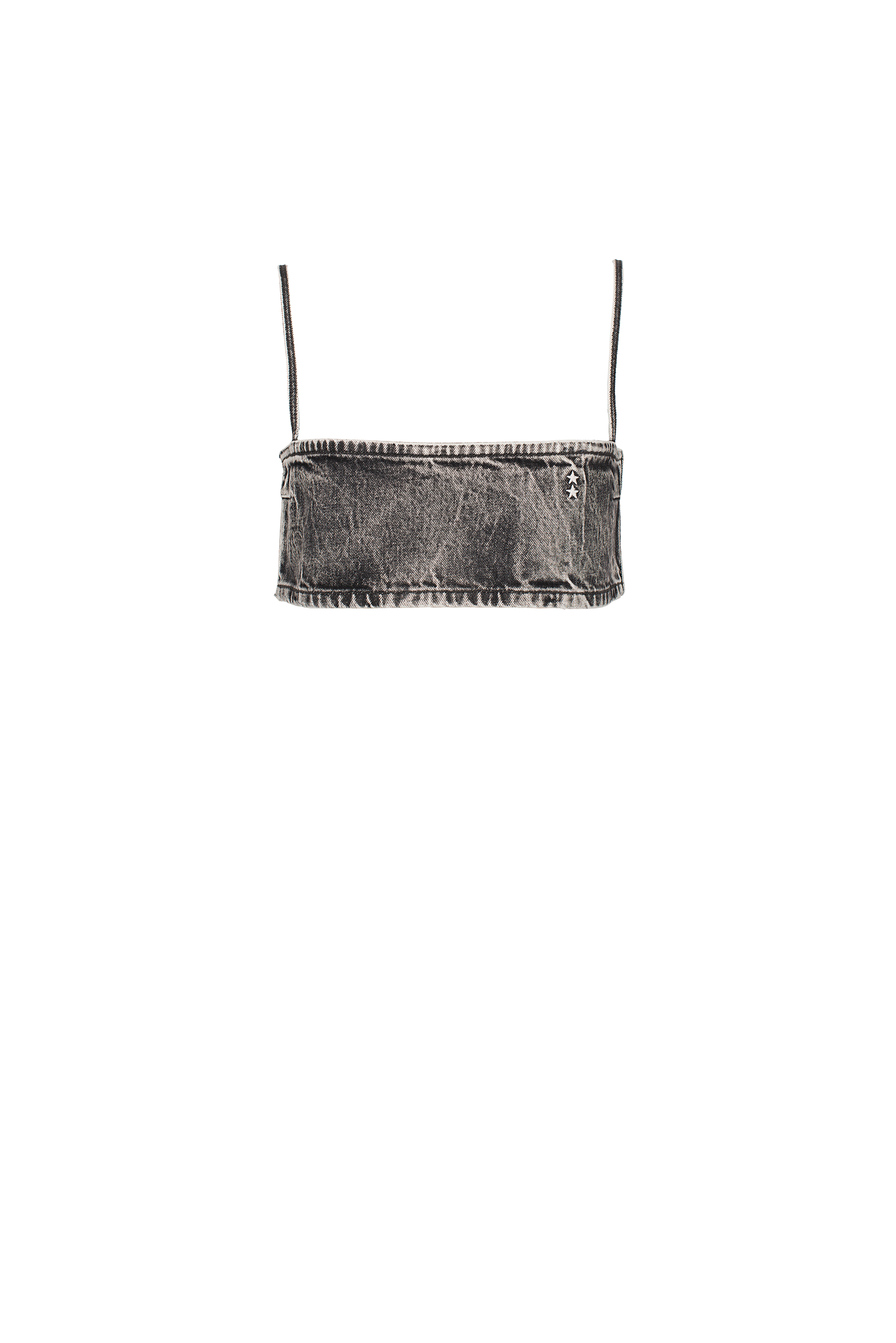 Still life of Cady women’s denim crop top in dark wash, 100% rigid cotton denim.
