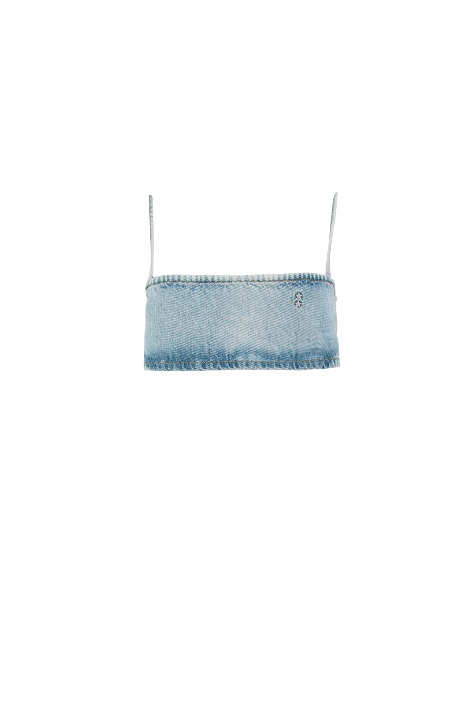 Still life of Cady women’s denim crop top in light wash, 100% rigid cotton denim.
