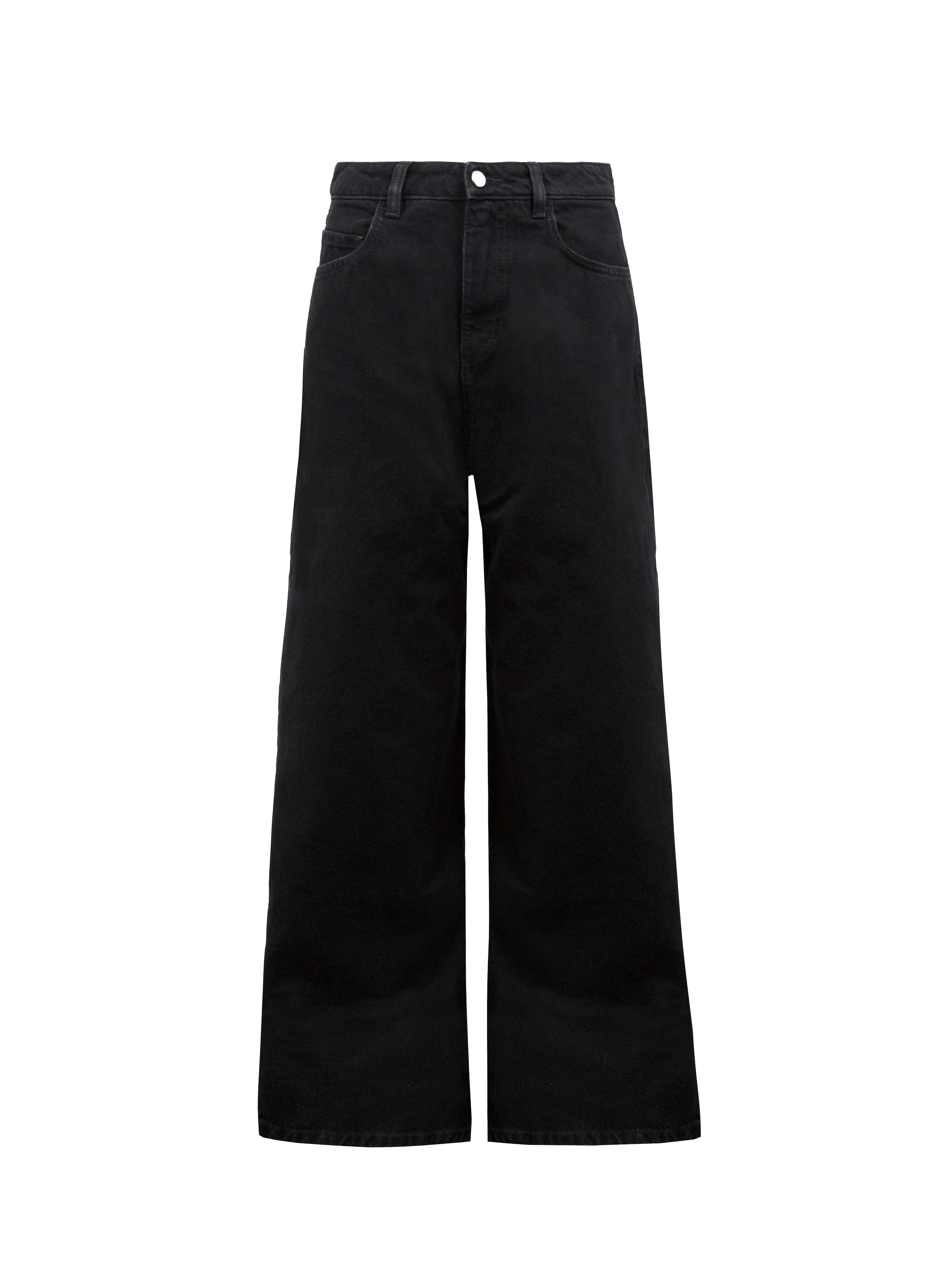 Still life of Coco women’s wide leg jeans in graphite black wash, 100% rigid cotton denim.