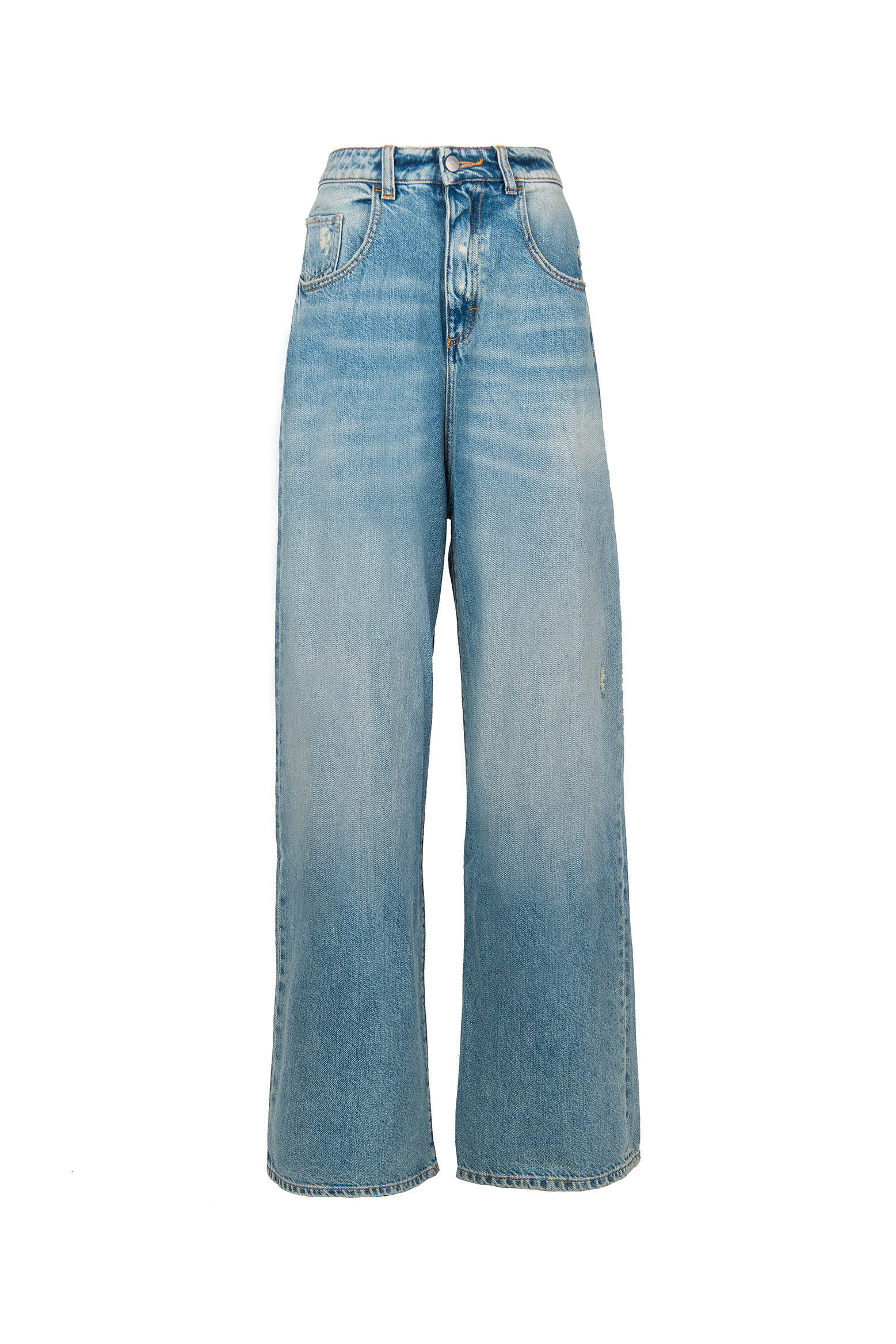 Still life of Coco women’s wide leg jeans in light wash, 100% rigid cotton denim.