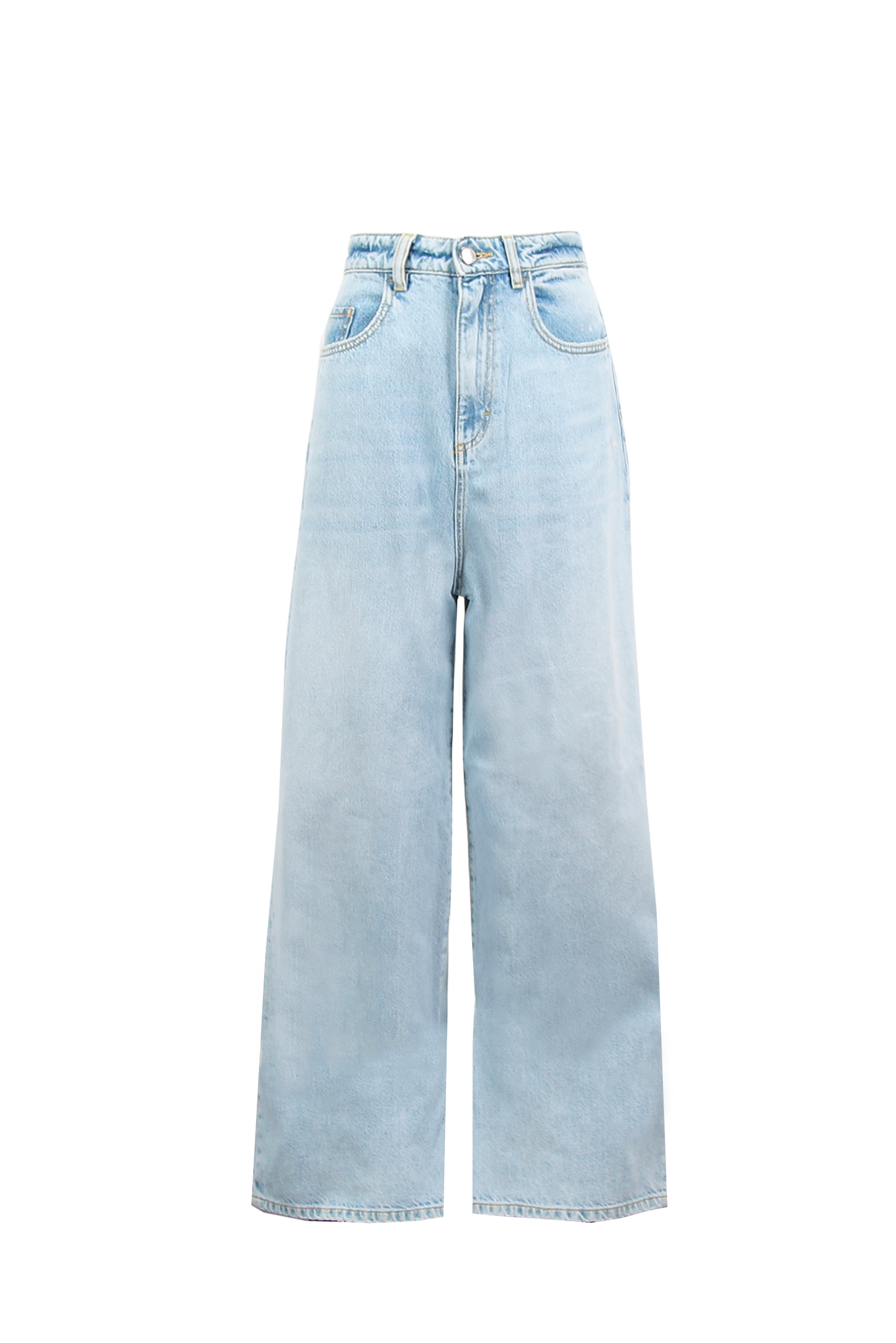 Still life of Coco women’s wide leg jeans in light wash, 100% rigid cotton denim.