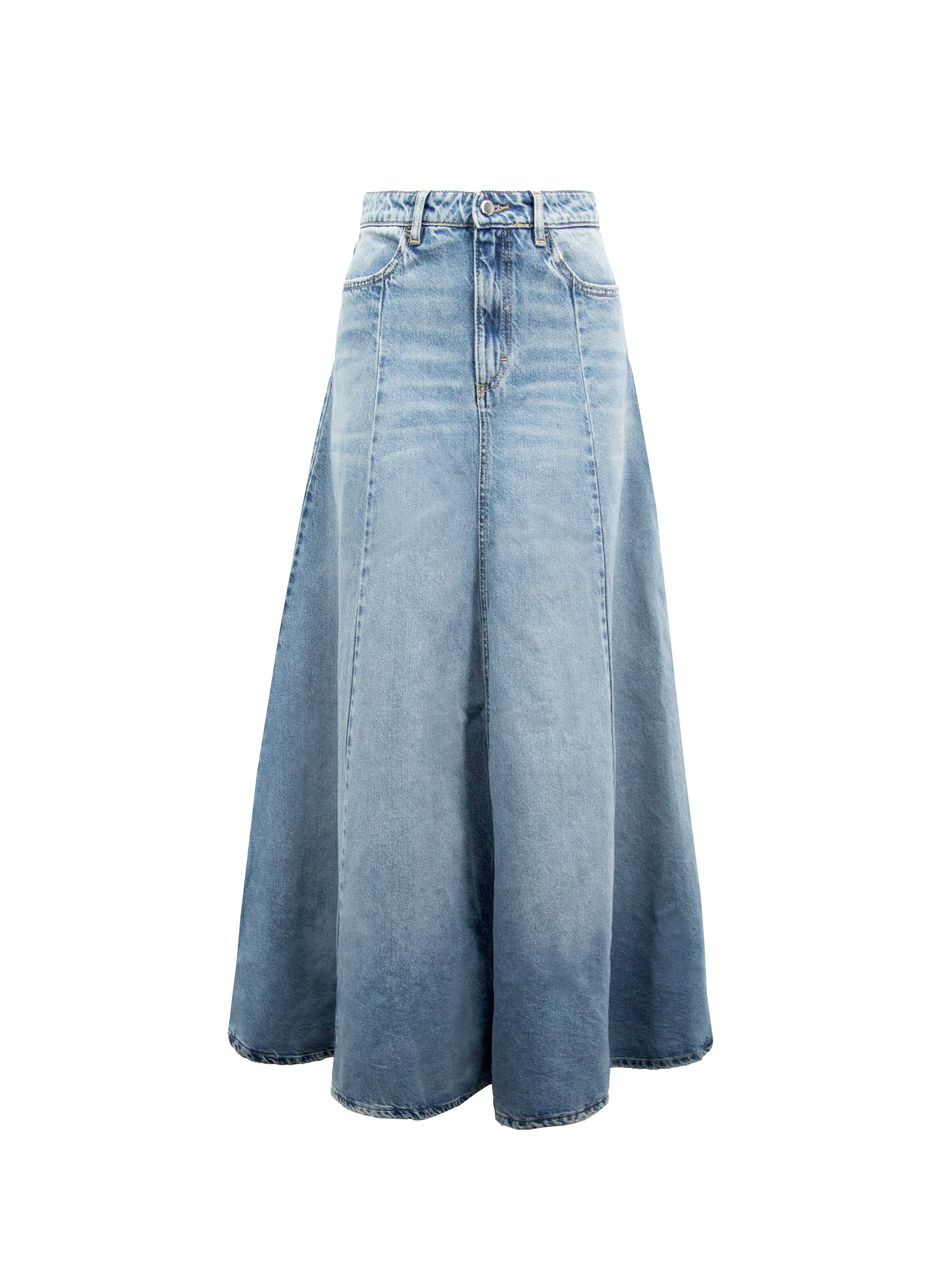 Still life of Cora women’s long skirt in smoke blue wash, 100% rigid cotton denim.