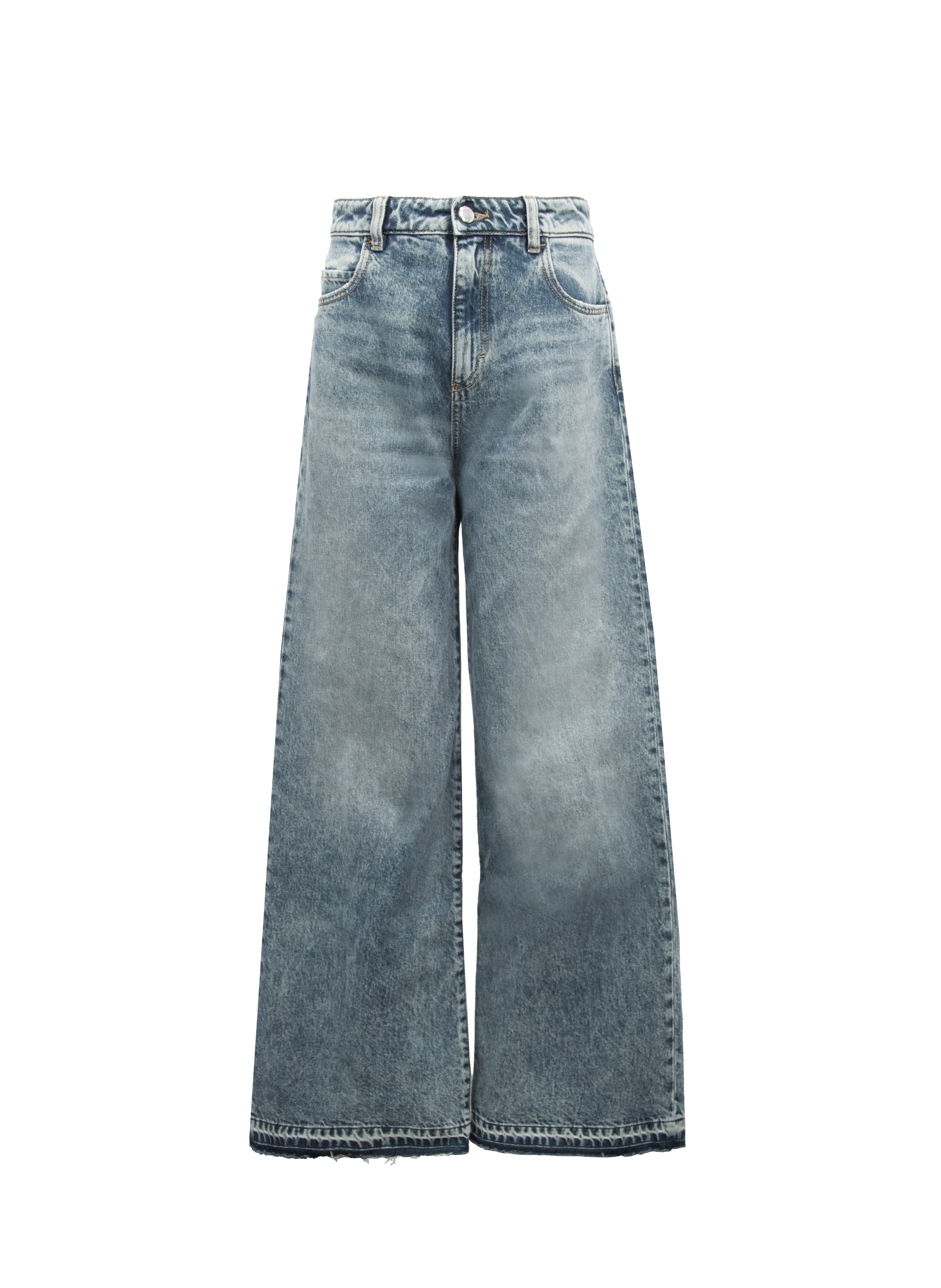 Still life of Debby women’s wide leg jeans in aged stone wash, 100% rigid cotton denim.