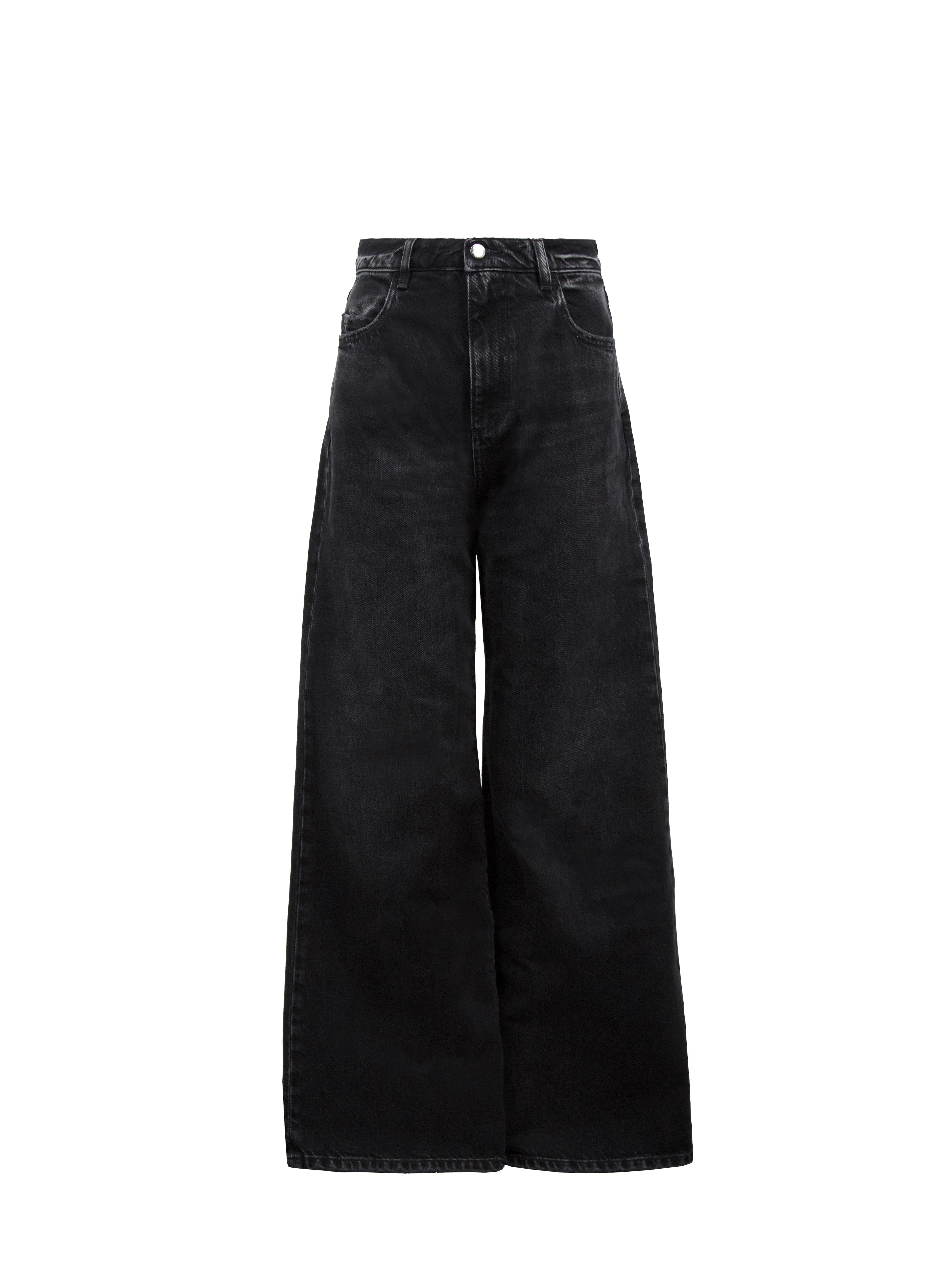 Still life of Debby women’s wide leg jeans in graphite black wash, 100% rigid cotton denim.
