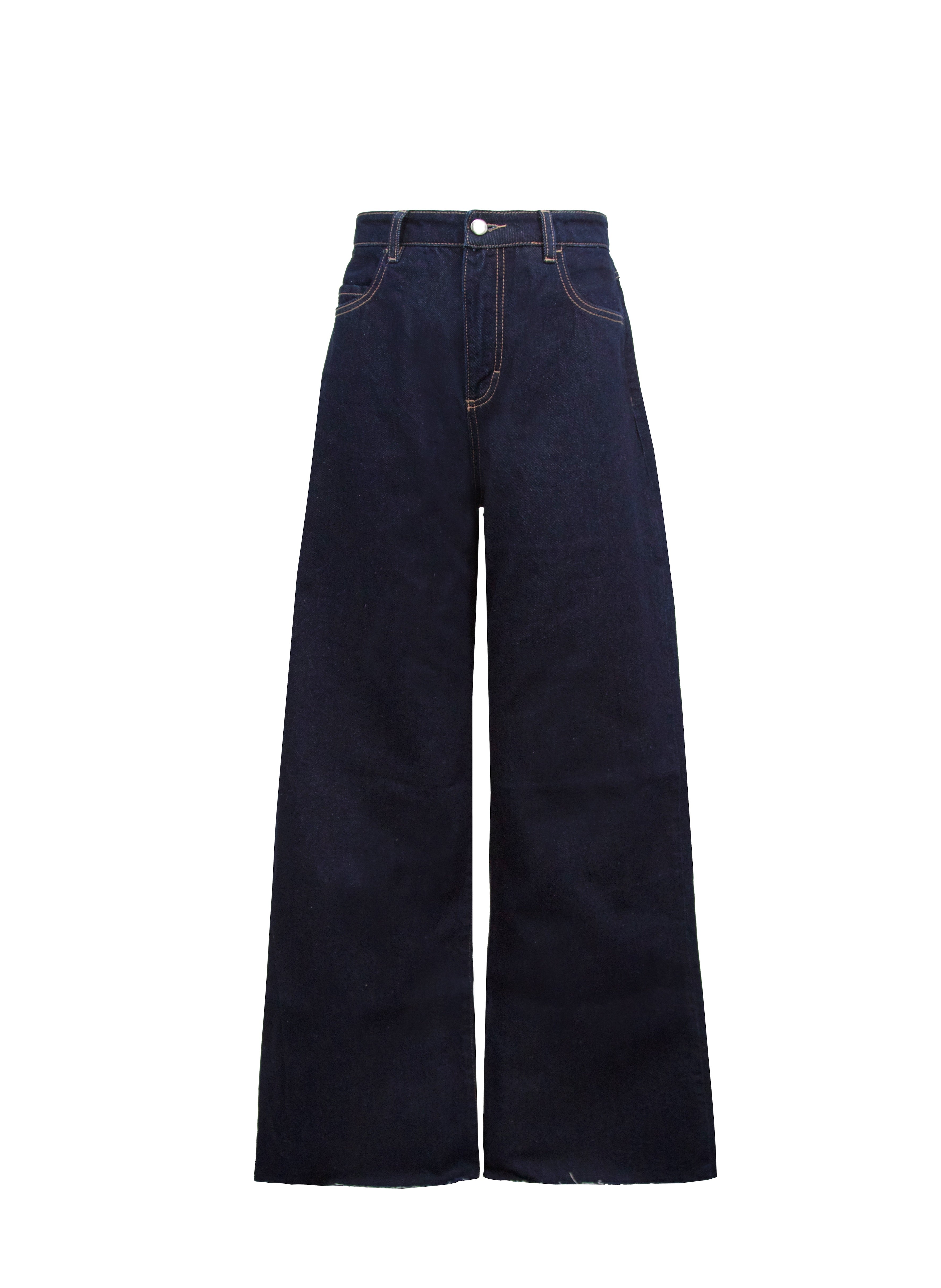 Still life of Debby women’s wide leg jeans in indigo raw wash, 100% rigid cotton denim.