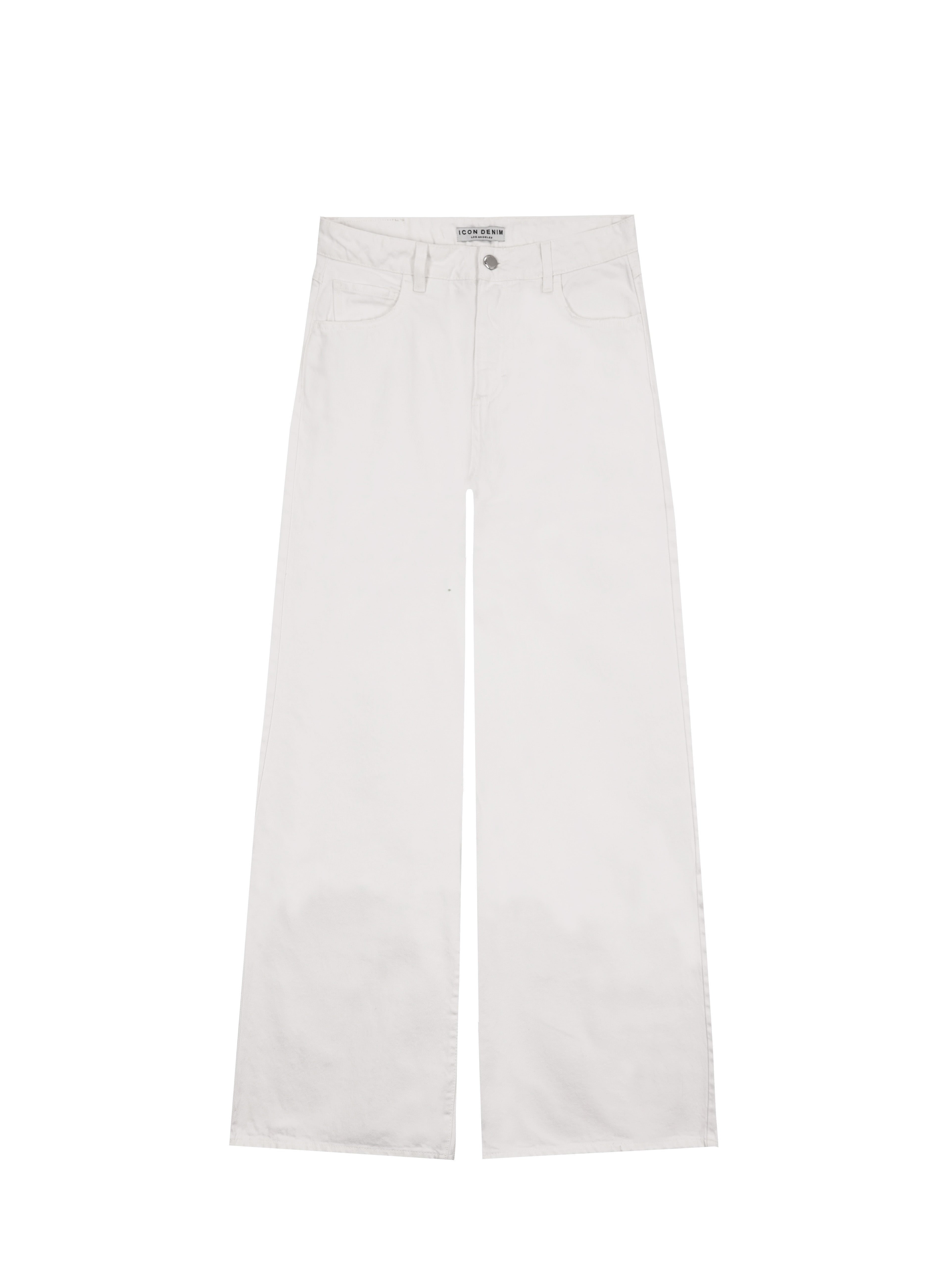Still life of Debby women’s wide leg jeans in white wash, 100% rigid cotton denim.