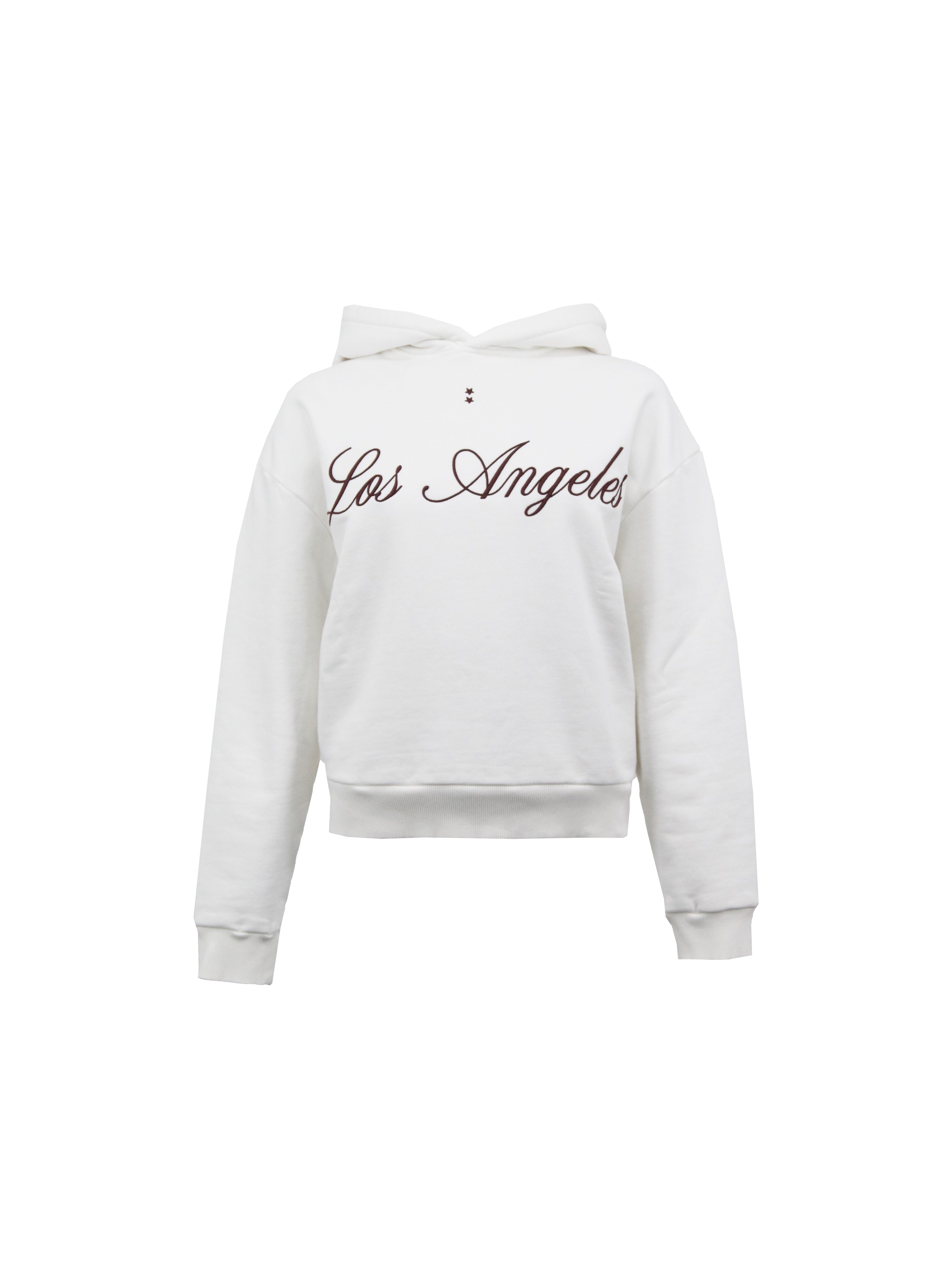 Still life of Ebbie women’s hoodie in white, 100% cotton.