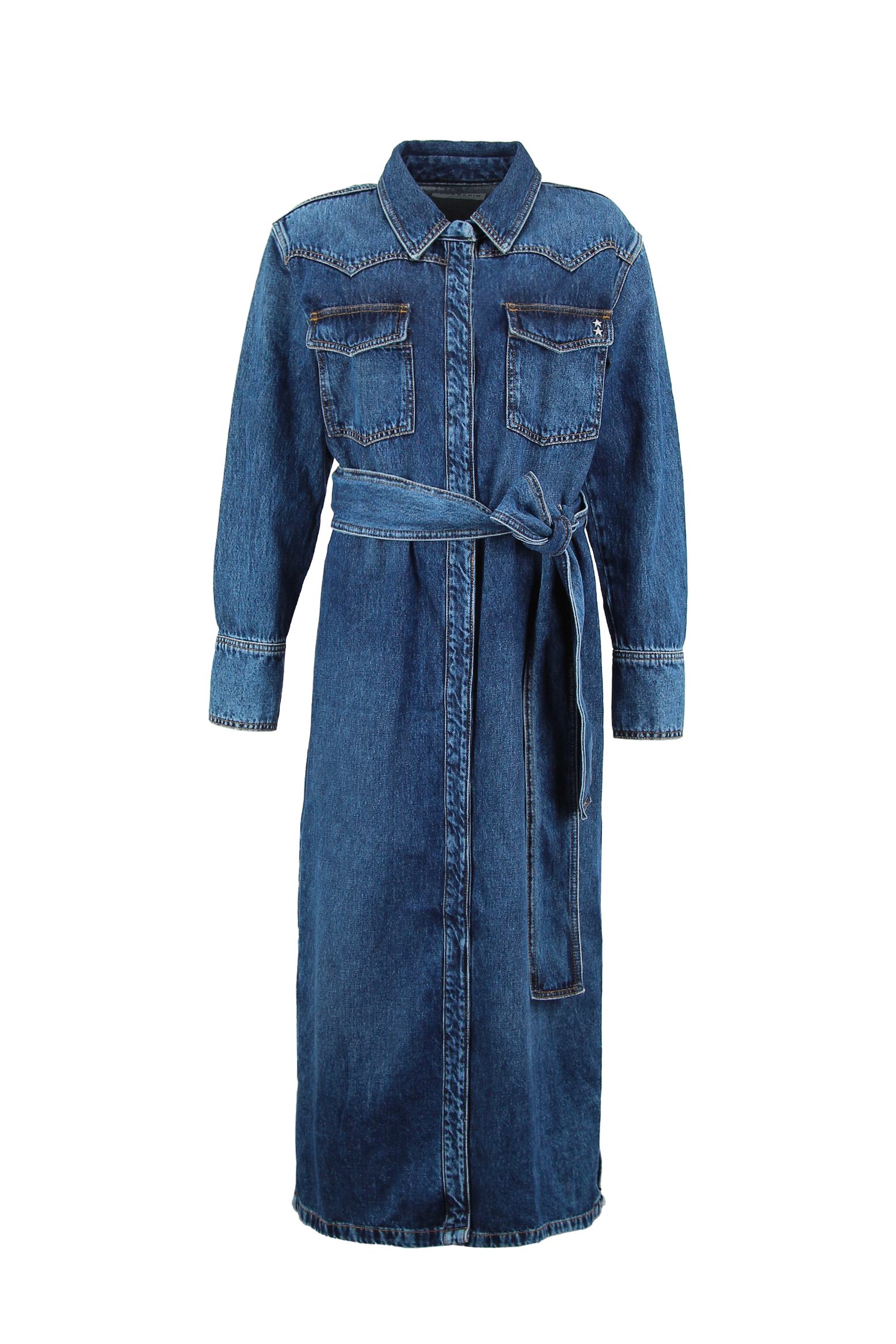 Still life of Ellen women’s dress in dark wash, 100% rigid cotton denim.