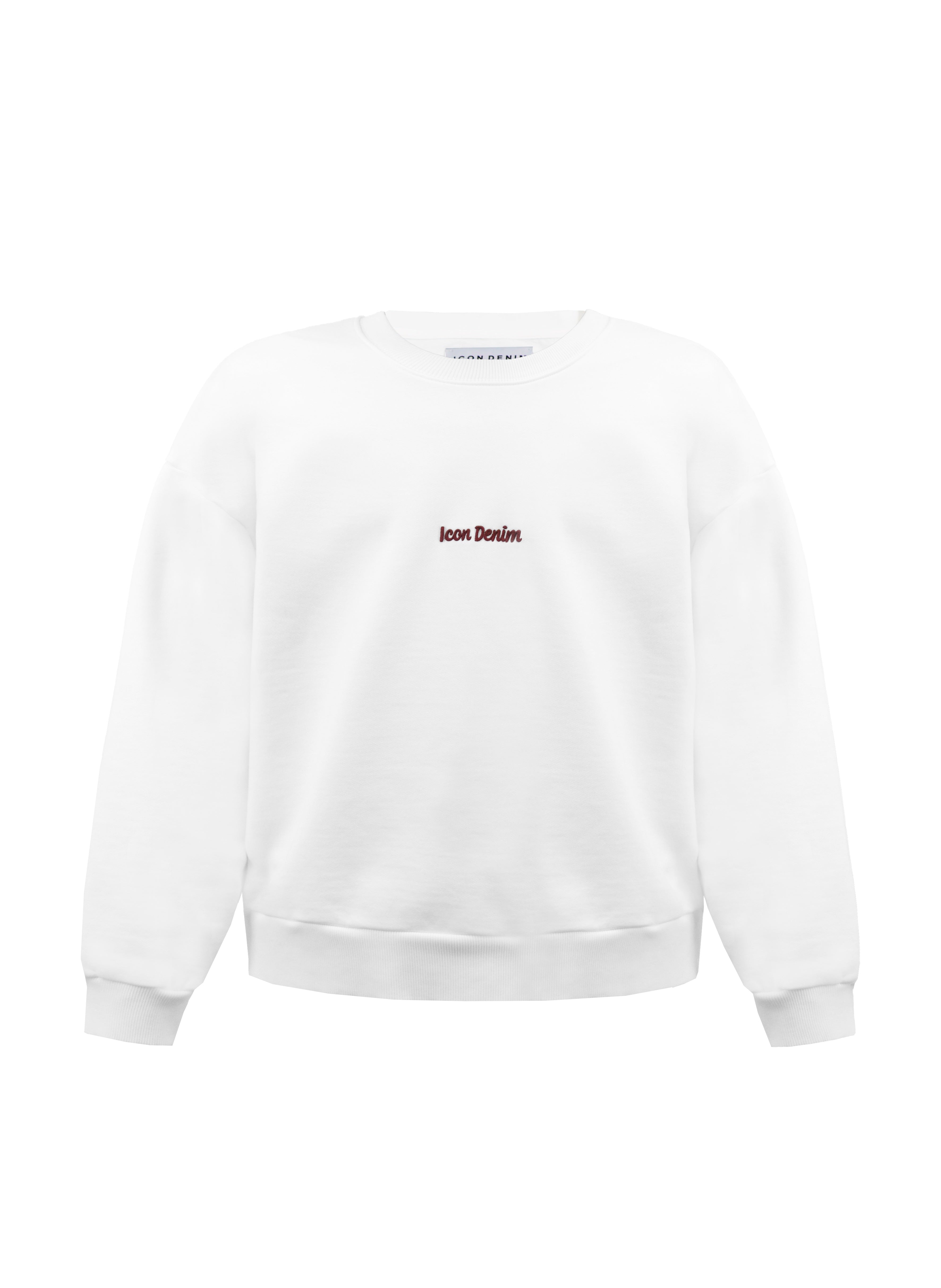 Still life of Fitz men’s sweatshirt in white, 100% cotton.
