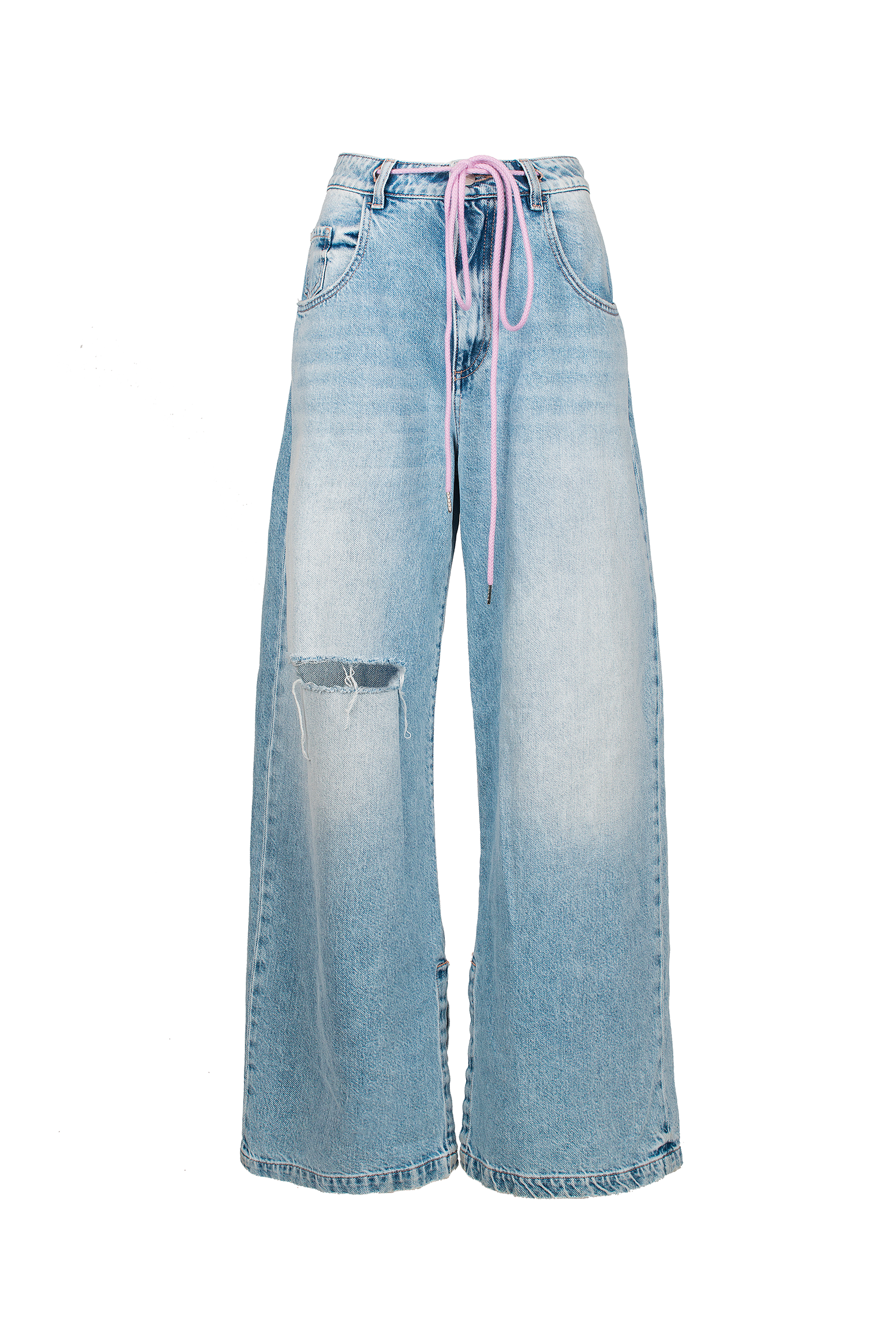 Still life of Gracy women’s wide leg jeans in light wash, 100% rigid soft cotton denim.