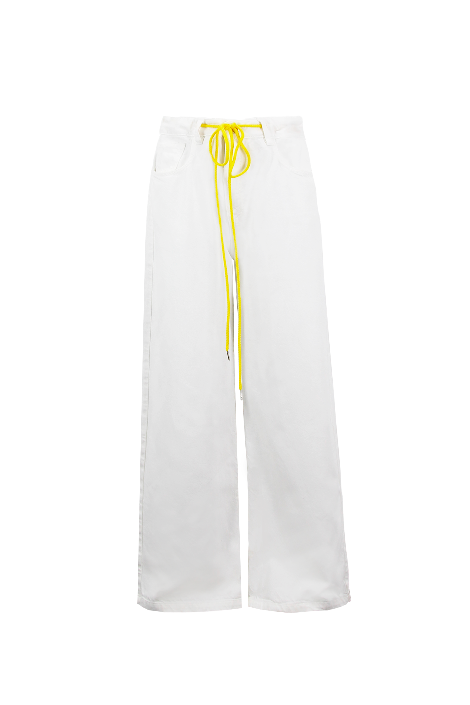 Still life of Gracy women’s wide leg jeans in white, 100% rigid soft cotton denim.