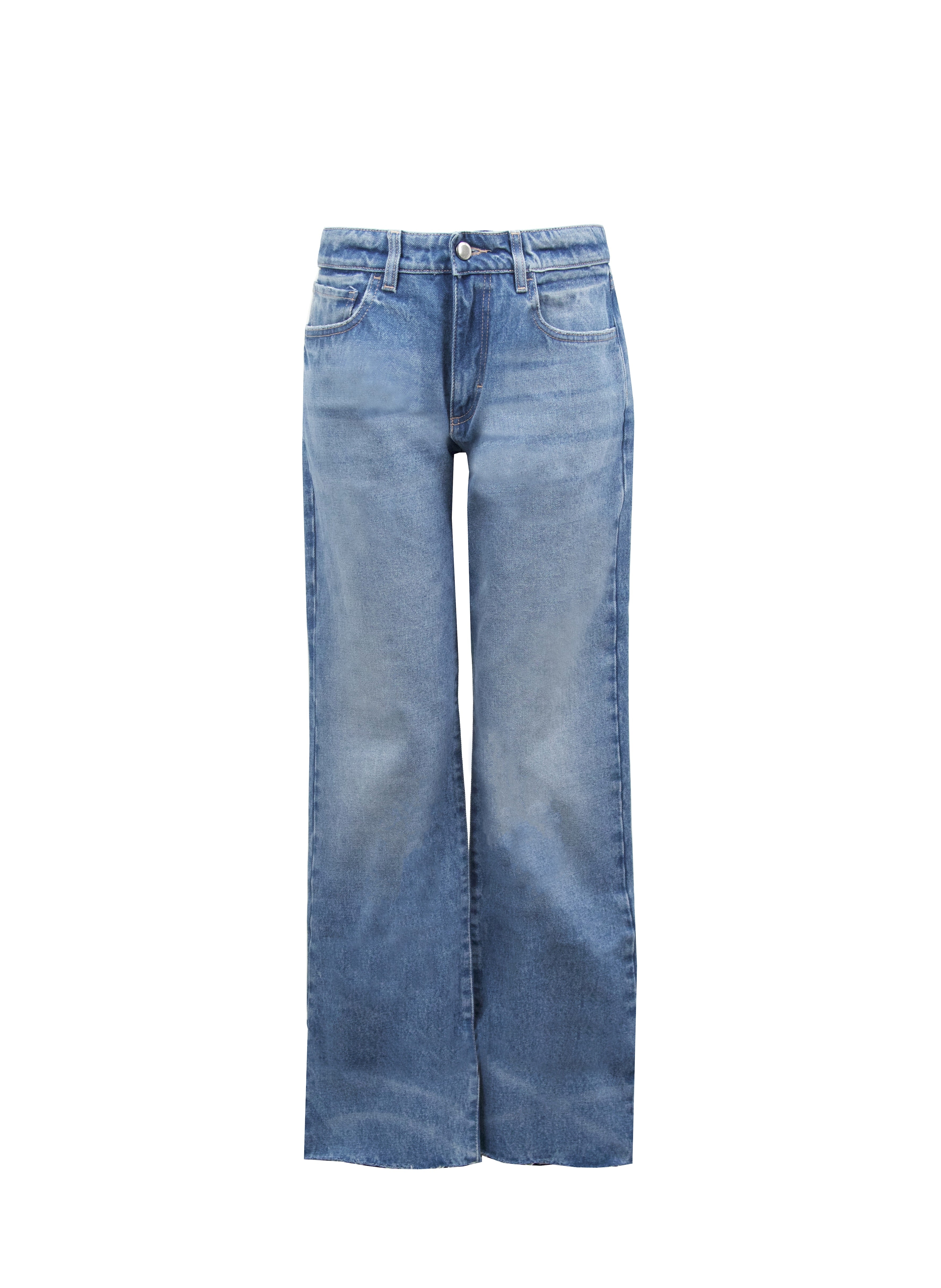 Still life of Iris Eco women’s wide leg jeans in medium wash, 100% rigid organic cotton denim.
