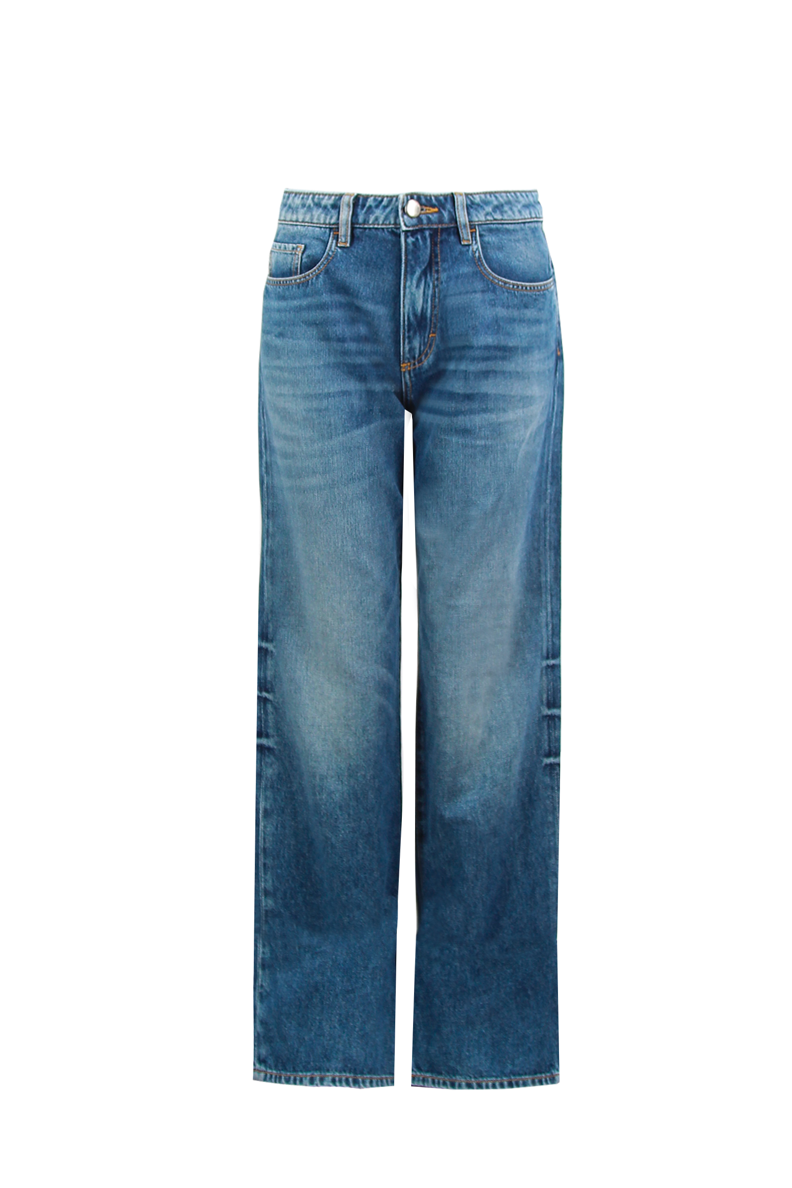 Still life of Iris women’s wide leg jeans in medium wash, 100% rigid cotton denim.