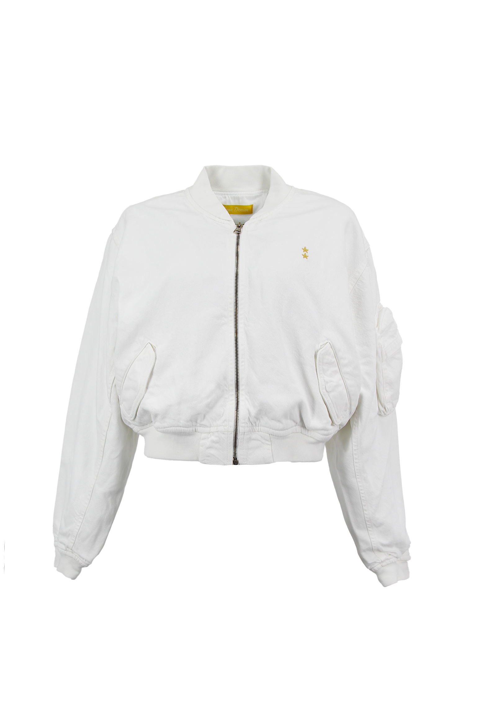 Still life of Ivy women’s jacket in white, 100% rigid soft cotton denim.