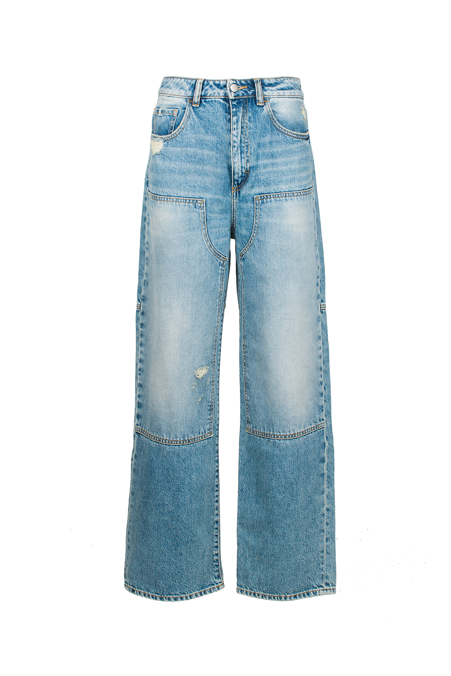Still life of Jenny women’s straight leg jeans in medium wash, 100% rigid cotton denim.