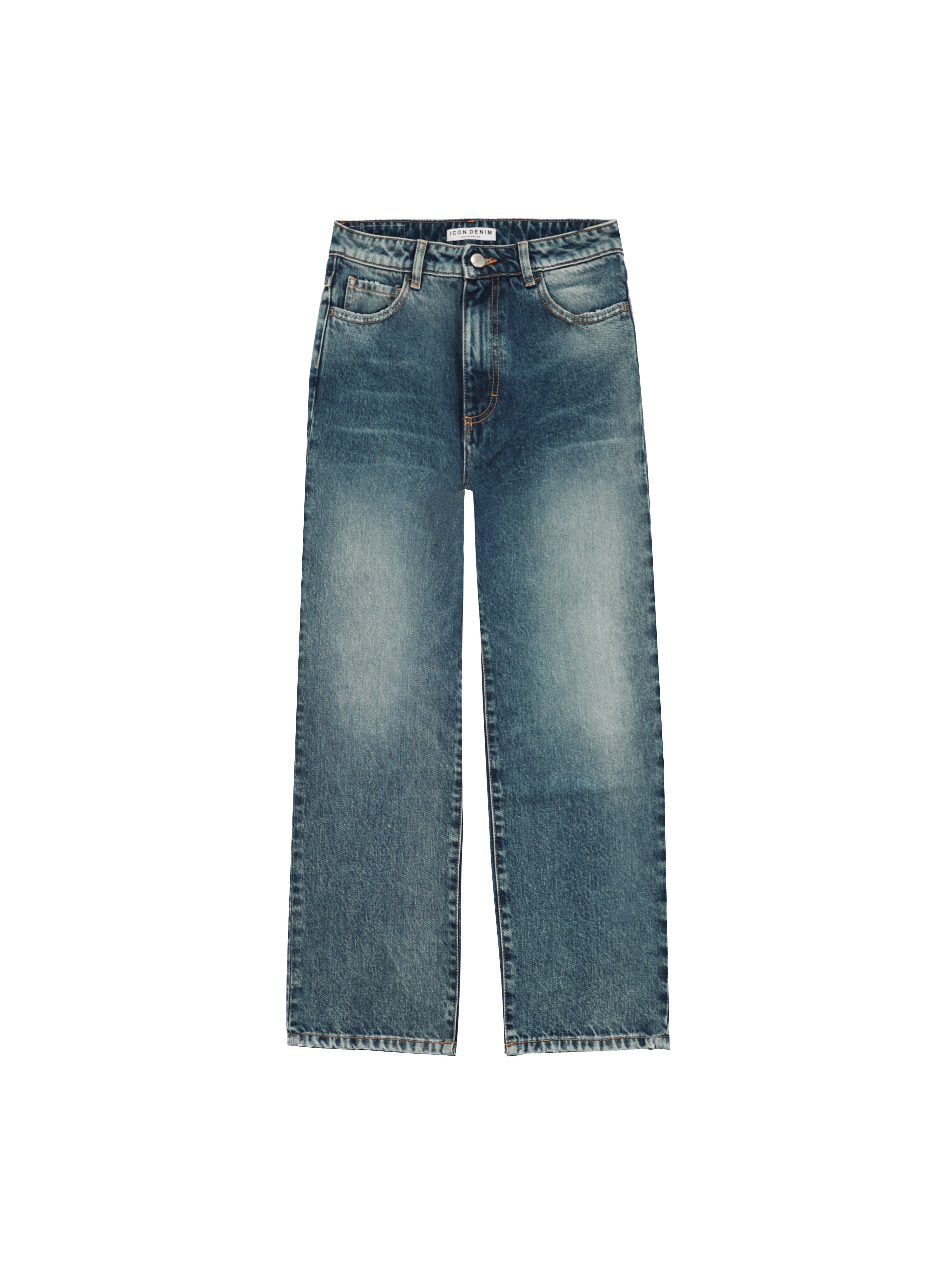 Still life of Jill women’s straight leg jeans in aged stone wash, 100% rigid cotton denim.