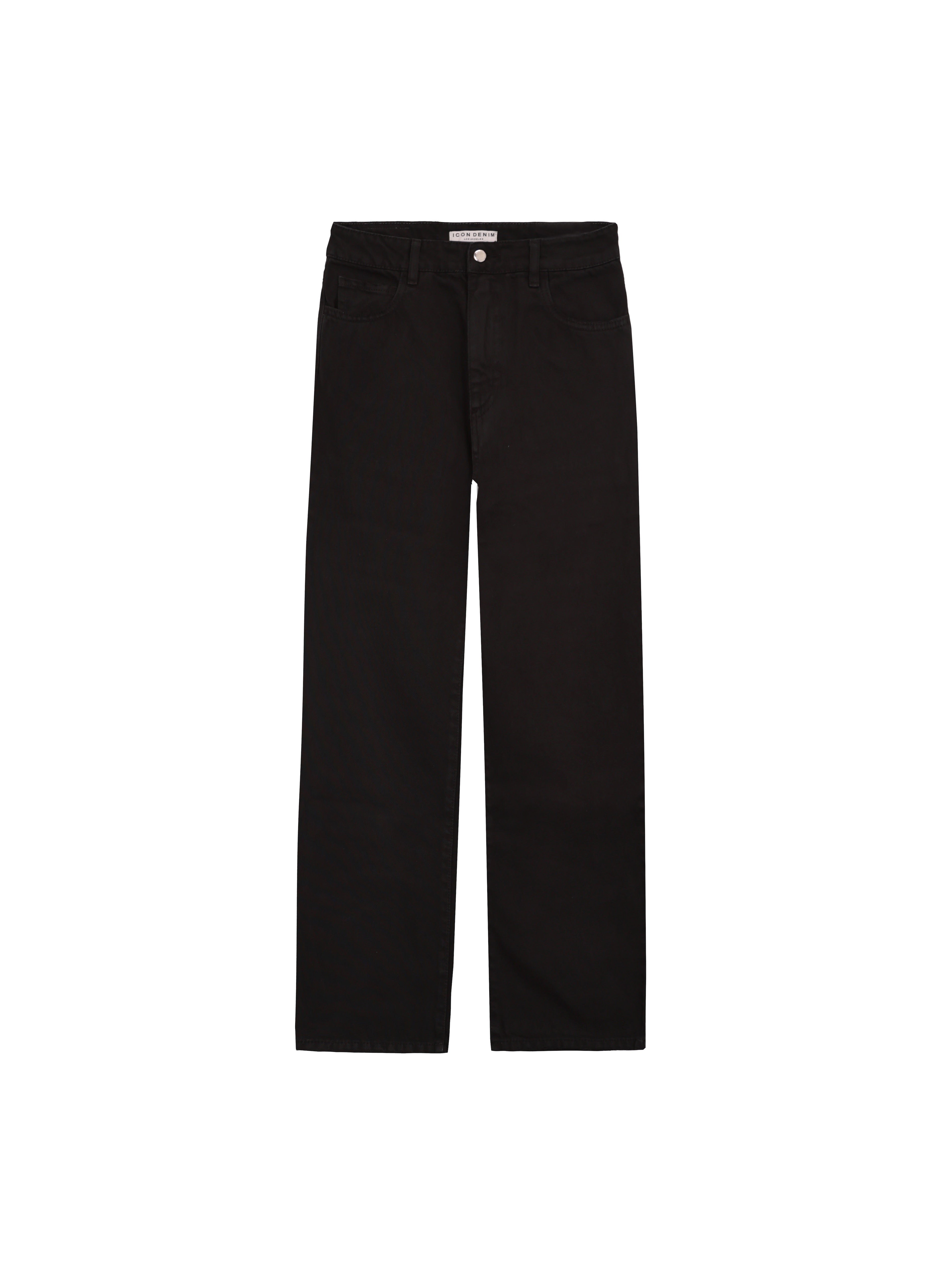 Still life of Jill women’s straight leg jeans in black wash, 100% rigid cotton denim.