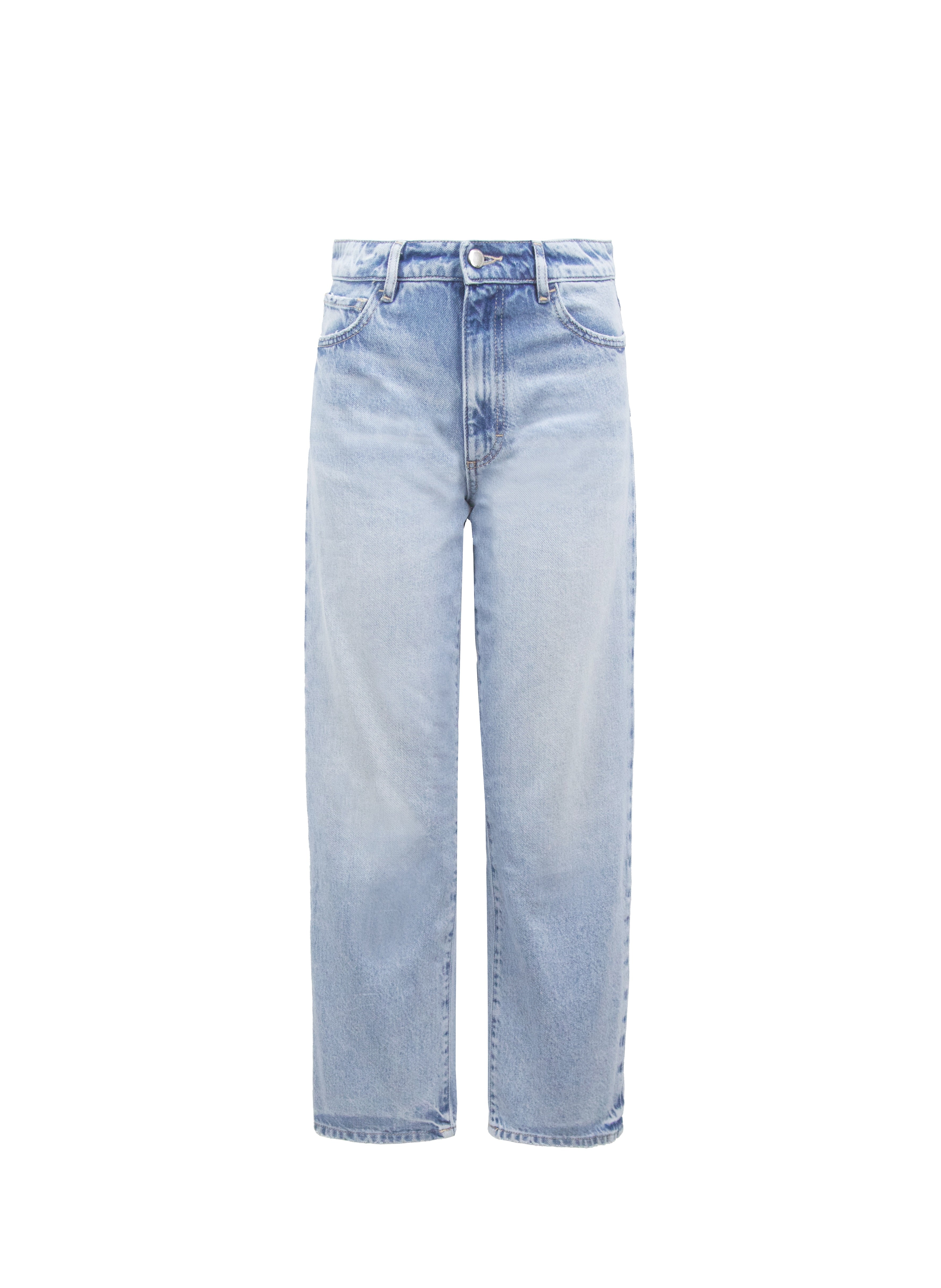 Still life of Jill women’s straight leg jeans in bleached wash, 100% rigid cotton denim.