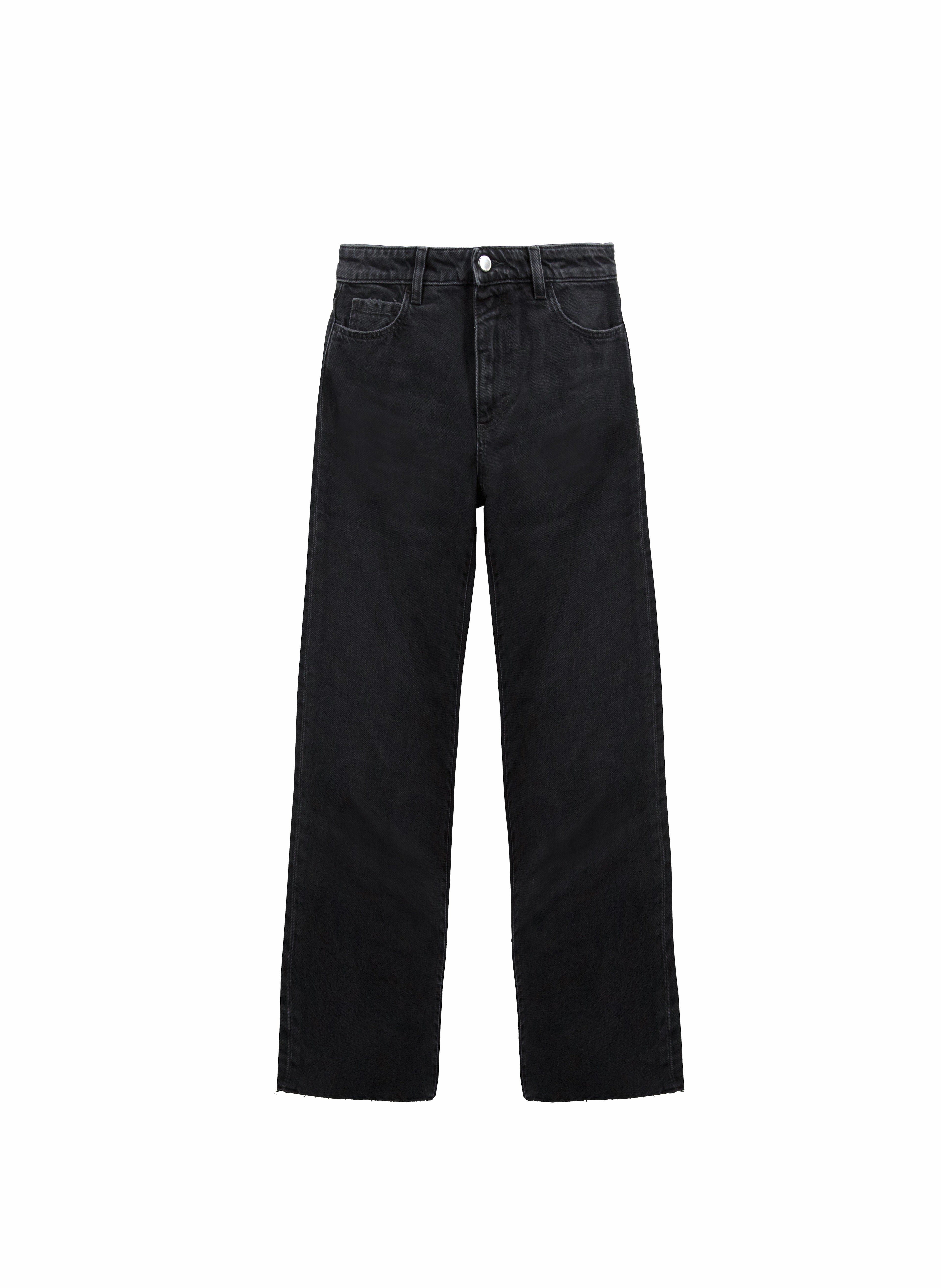 Still life of Jill women’s straight leg jeans in graphite black wash, 100% rigid cotton denim.
