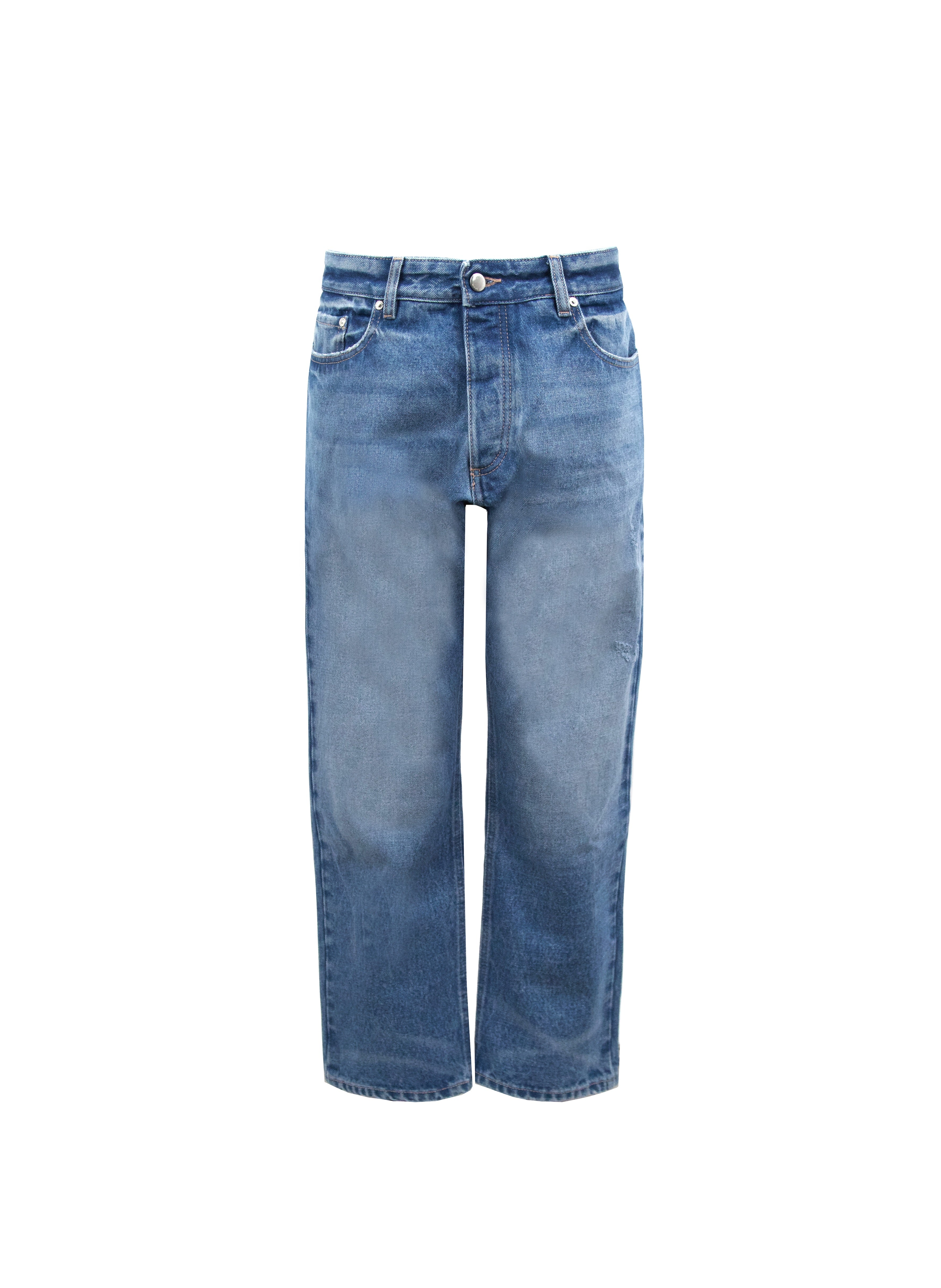 Still life of Josh Eco men’s carrot jeans in deep ocean wash, 100% rigid organic cotton denim.