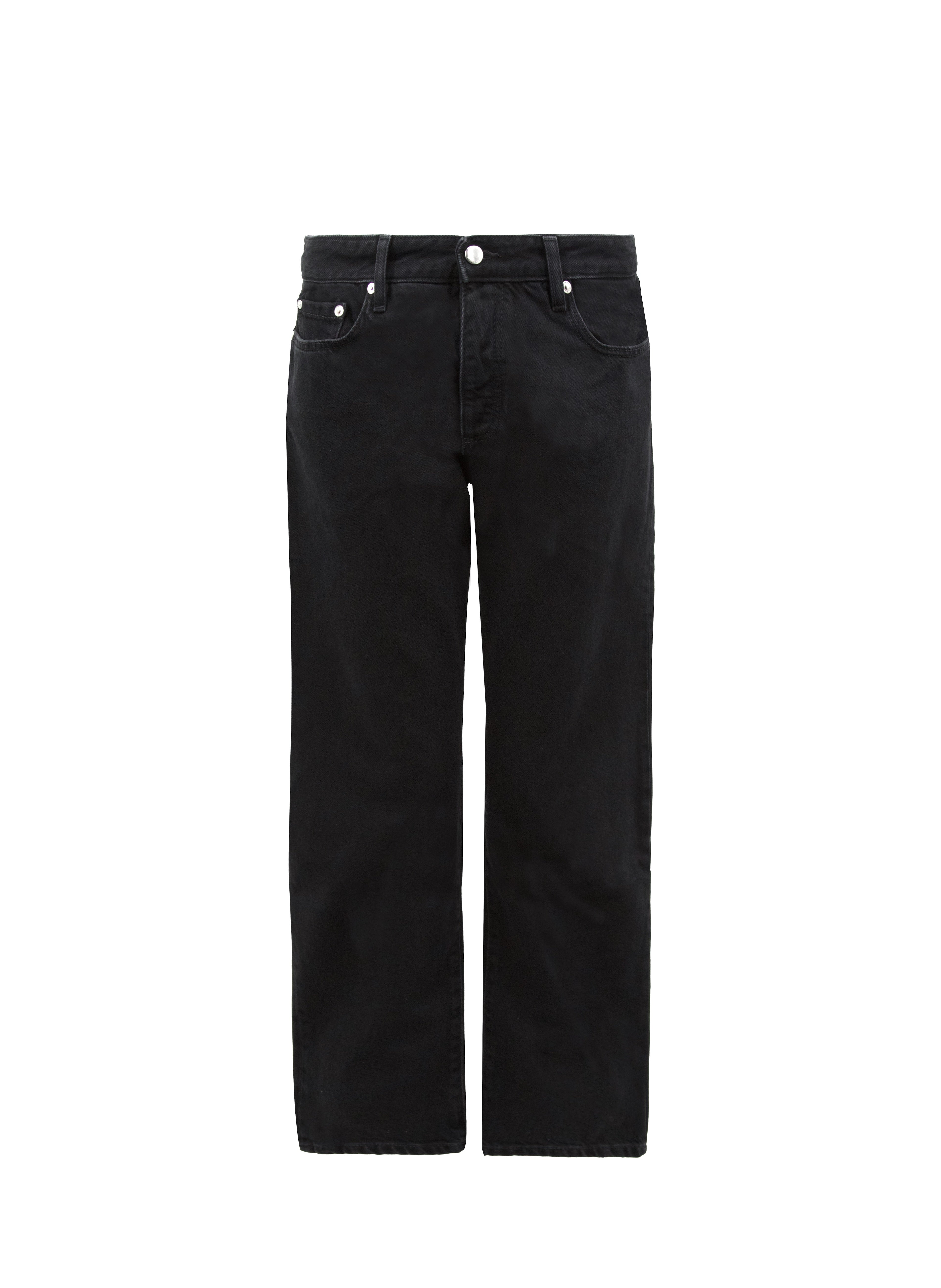 Still life of Josh men’s carrot jeans in graphite black wash, 100% rigid cotton denim.