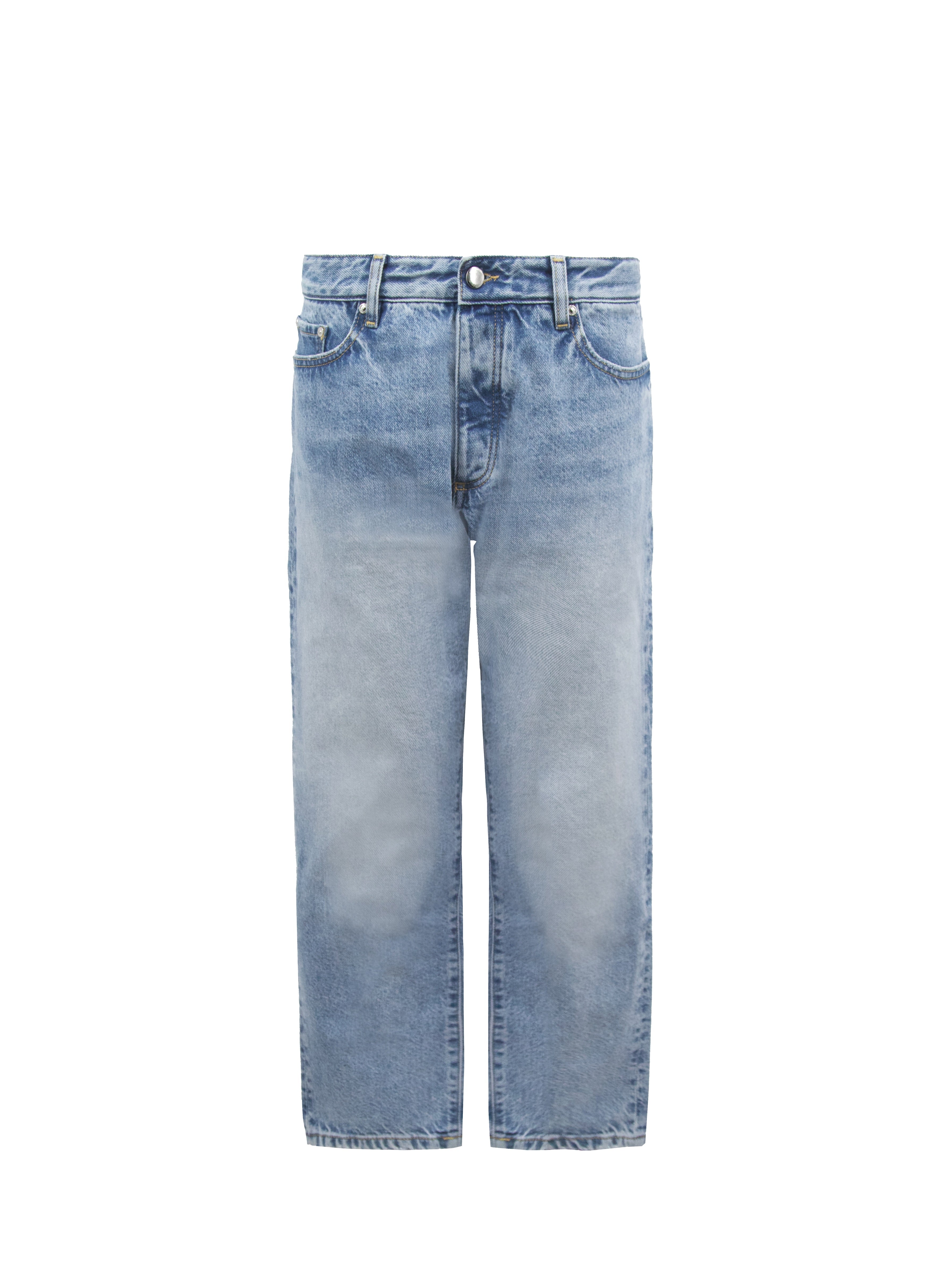Still life of Josh men’s carrot jeans in misty blue wash, 100% rigid cotton denim.