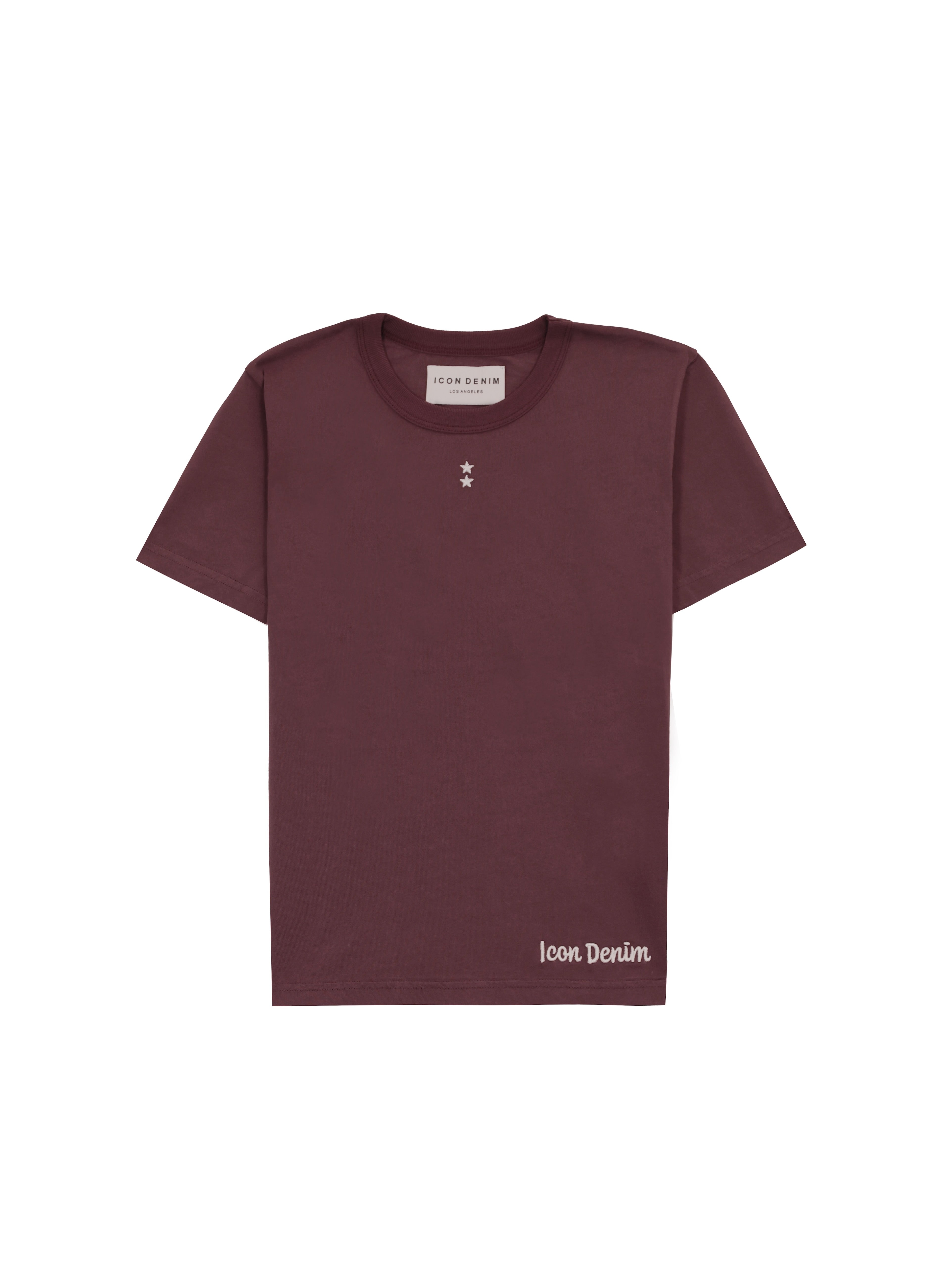 Still life of Julie women’s t-shirt in cherry, 100% cotton.