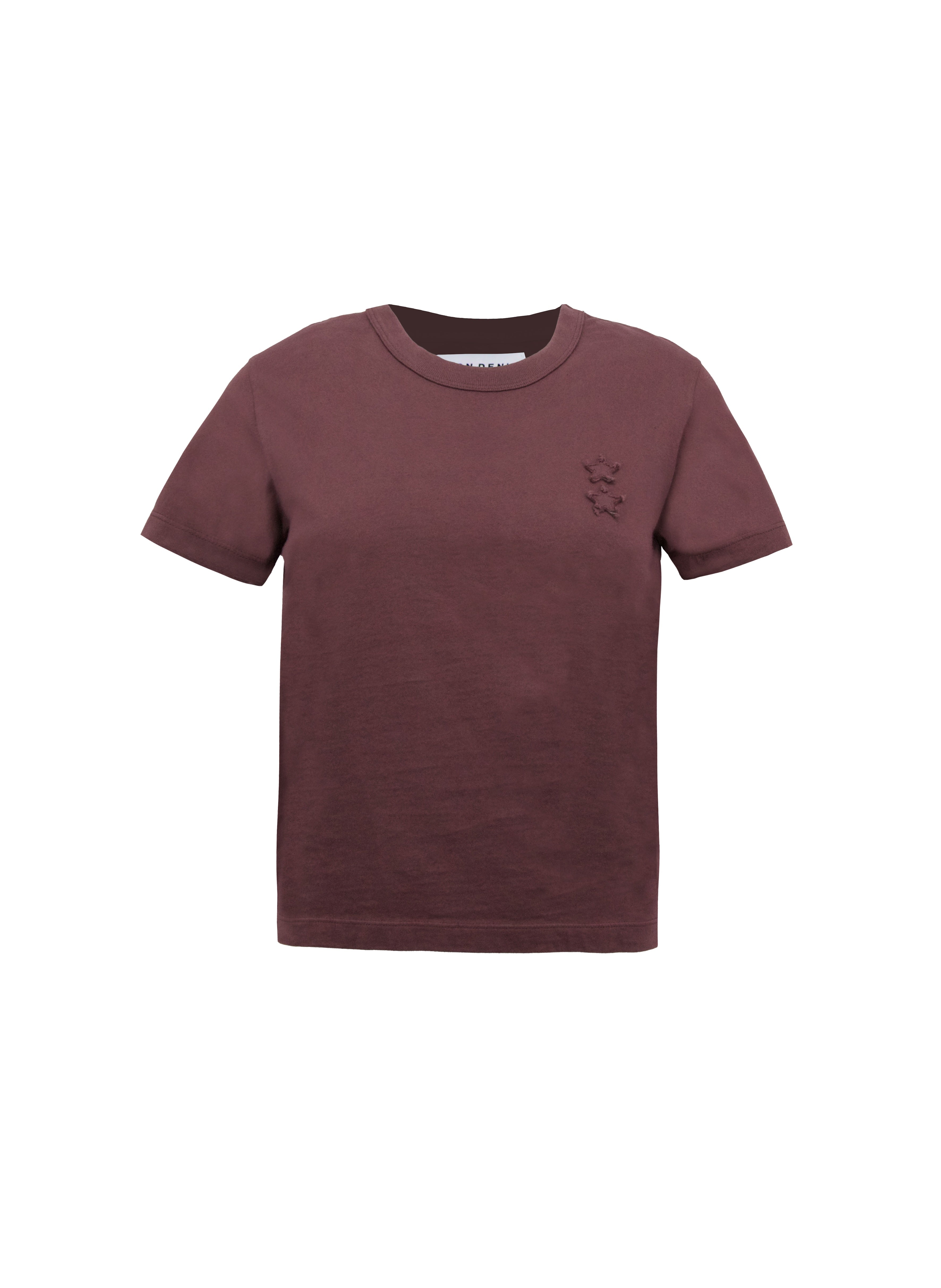 Still life of Julie women’s t-shirt in cherry, 100% cotton.