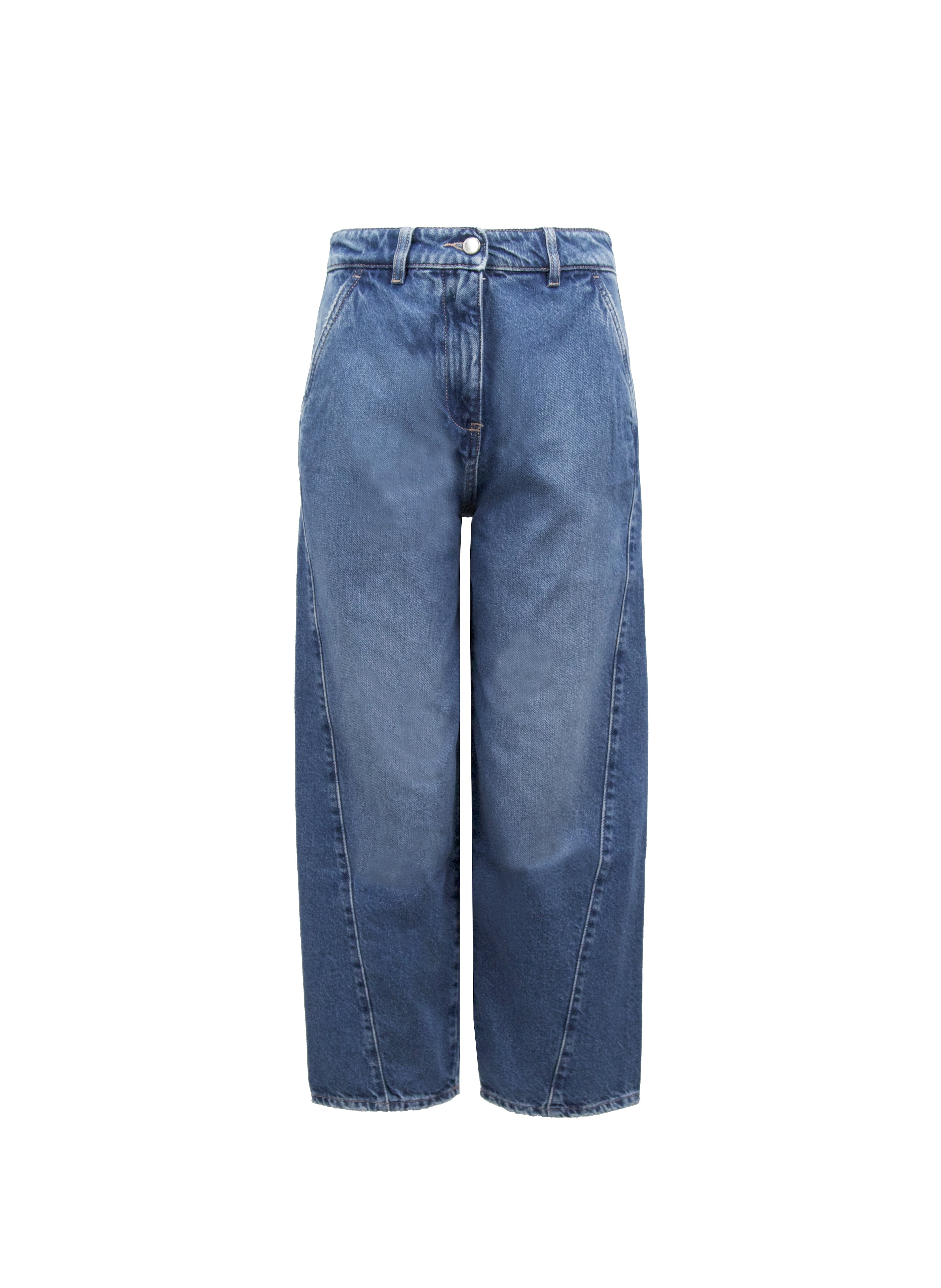 Still life of Juno women’s carrot jeans in eclipse wash, 100% rigid cotton denim.