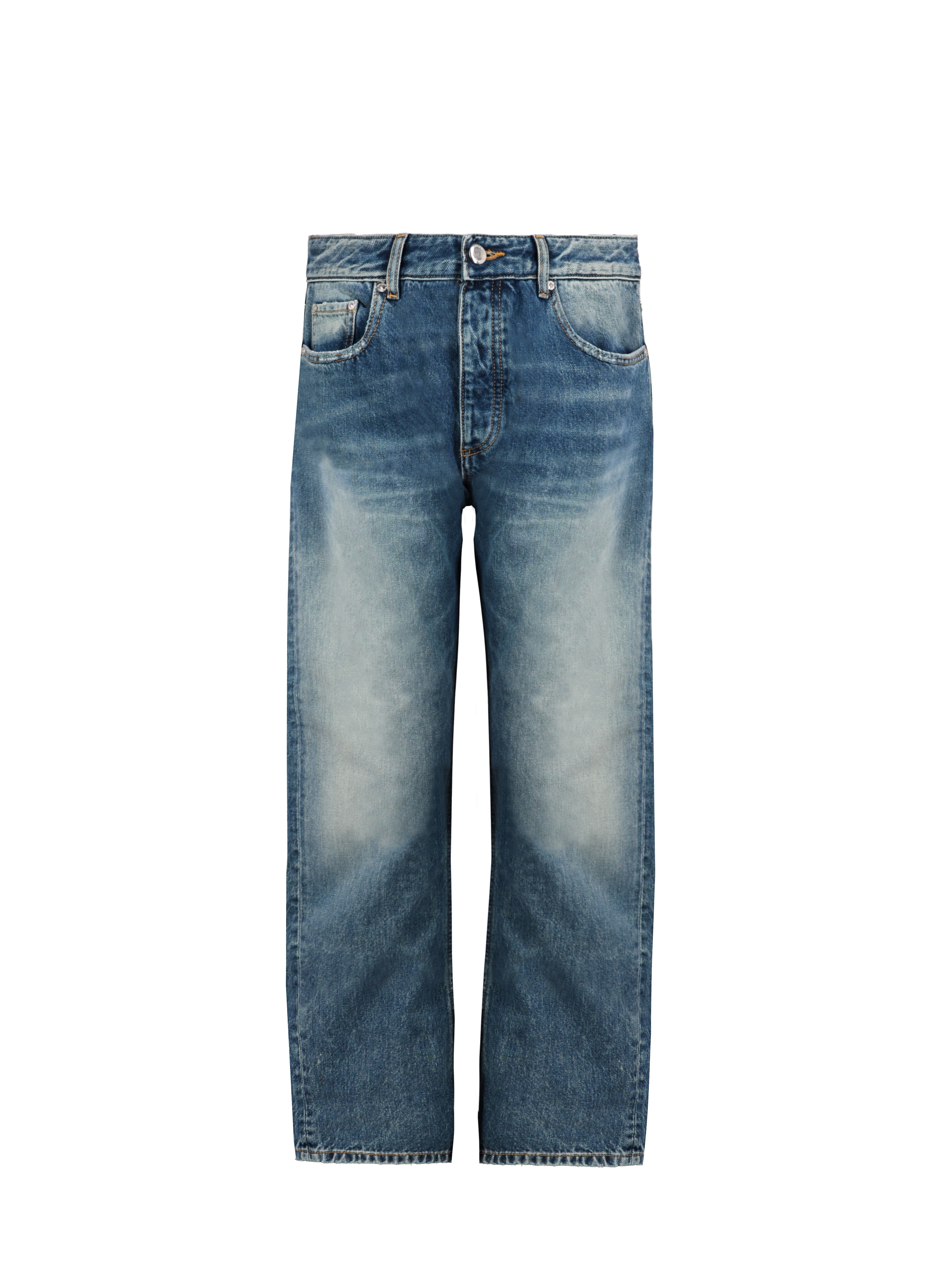 Still life of Kanye men’s loose jeans in aged stone wash, 100% rigid cotton denim.