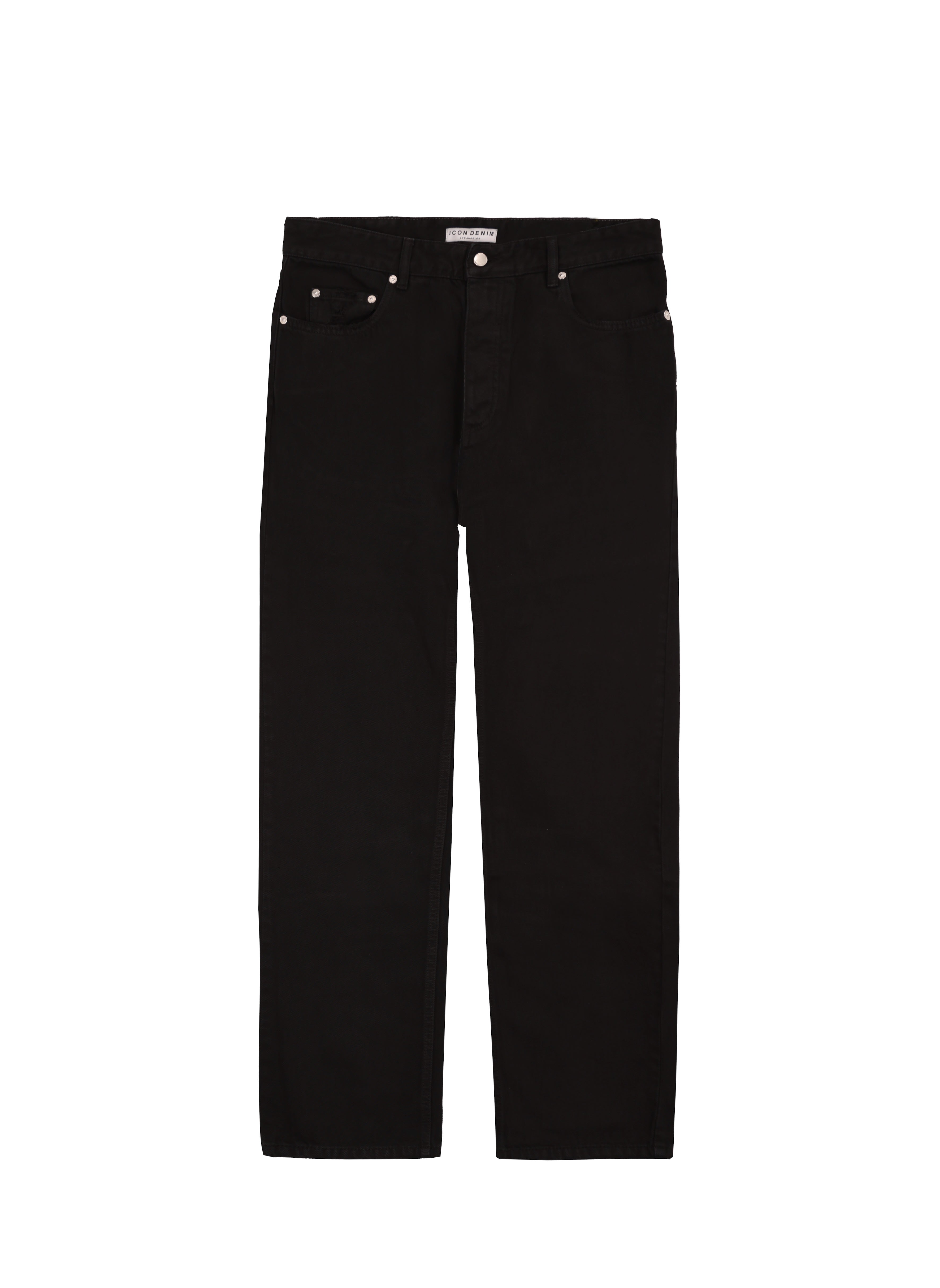 Still life of Kanye men’s loose jeans in black wash, 100% rigid cotton denim.