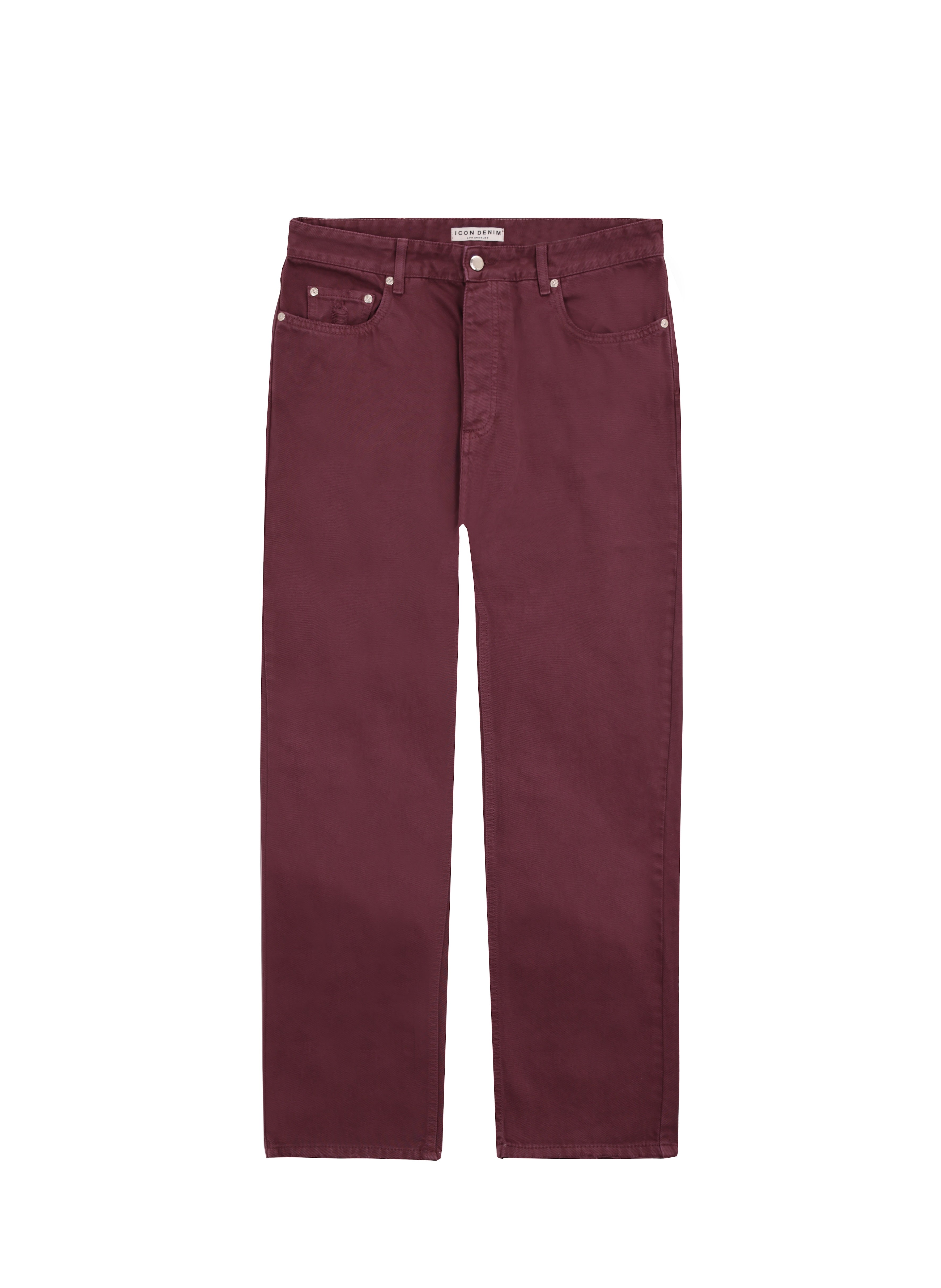 Still life of Kanye men’s loose jeans in cherry wash, 100% rigid cotton denim.