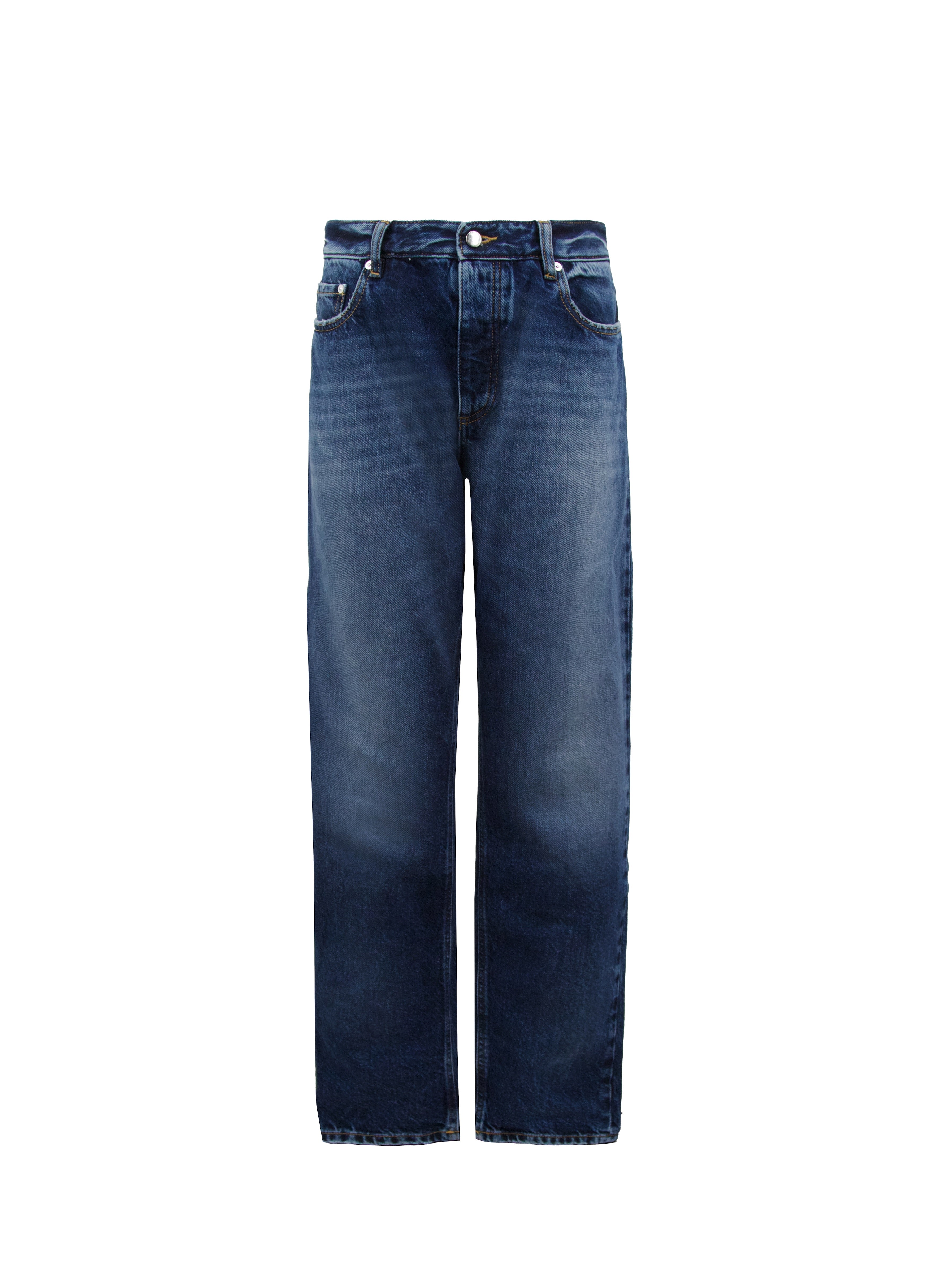 Still life of Kanye men’s loose jeans in eclipse wash, 100% rigid cotton denim.